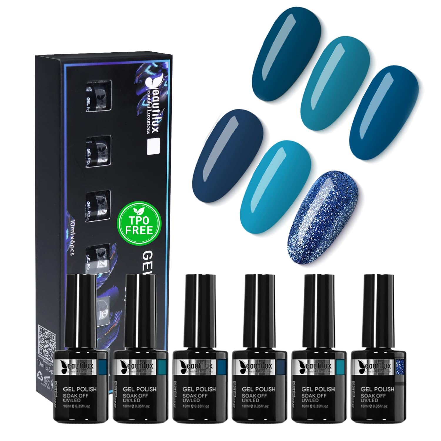 Beautilux HEMA & TPO Free Gel Nail Polish 6x10ml - UV/LED Curable Quick Dry Formula, 6 Shades for Creative Nail Art & Manicures