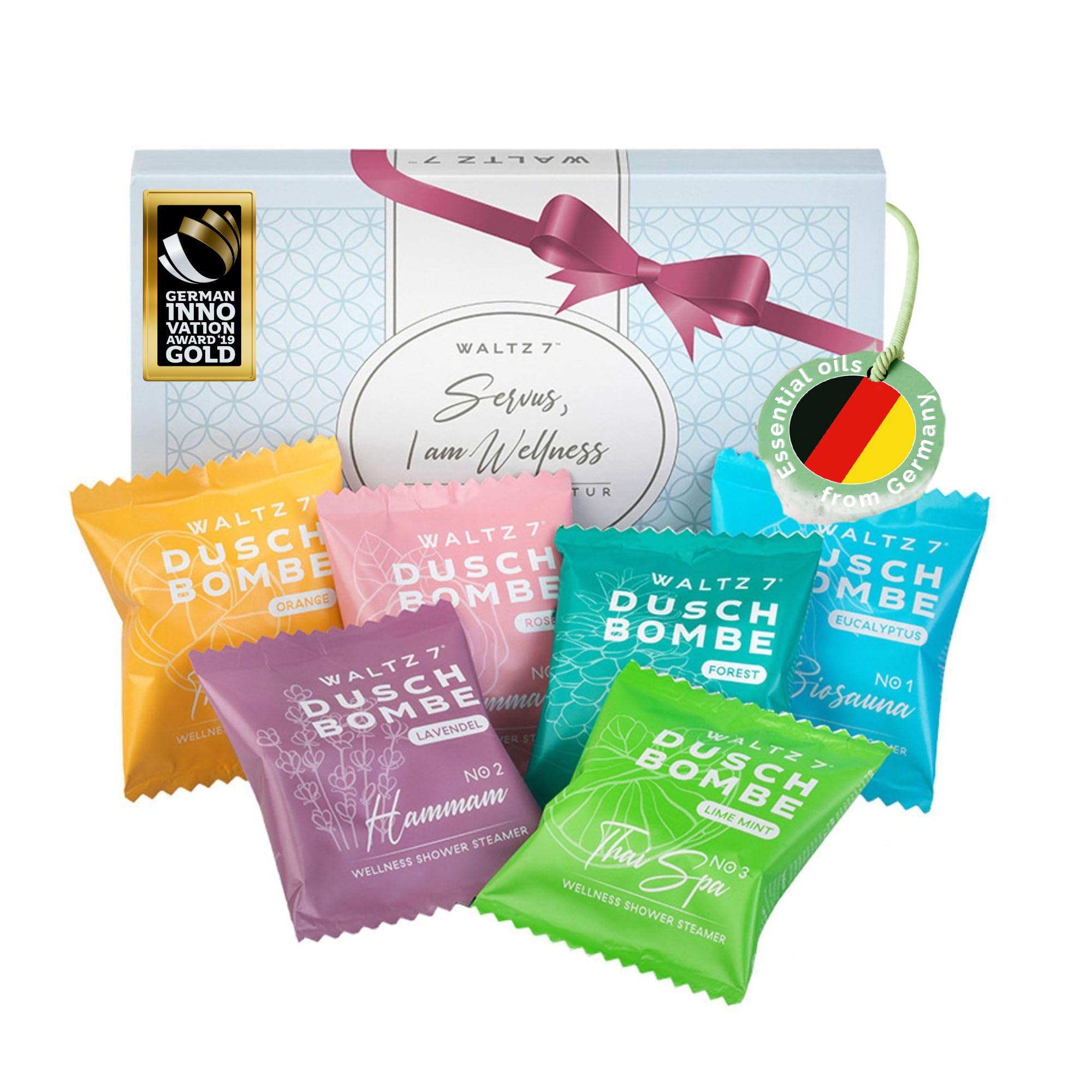 WALTZ 7 Shower Steamers Set, 6 Pieces, 6 Scents, Made in EU, Natural Essential Aromatherapy Oils, Unique Spa Stress Relief, Pamper Gift for Women,