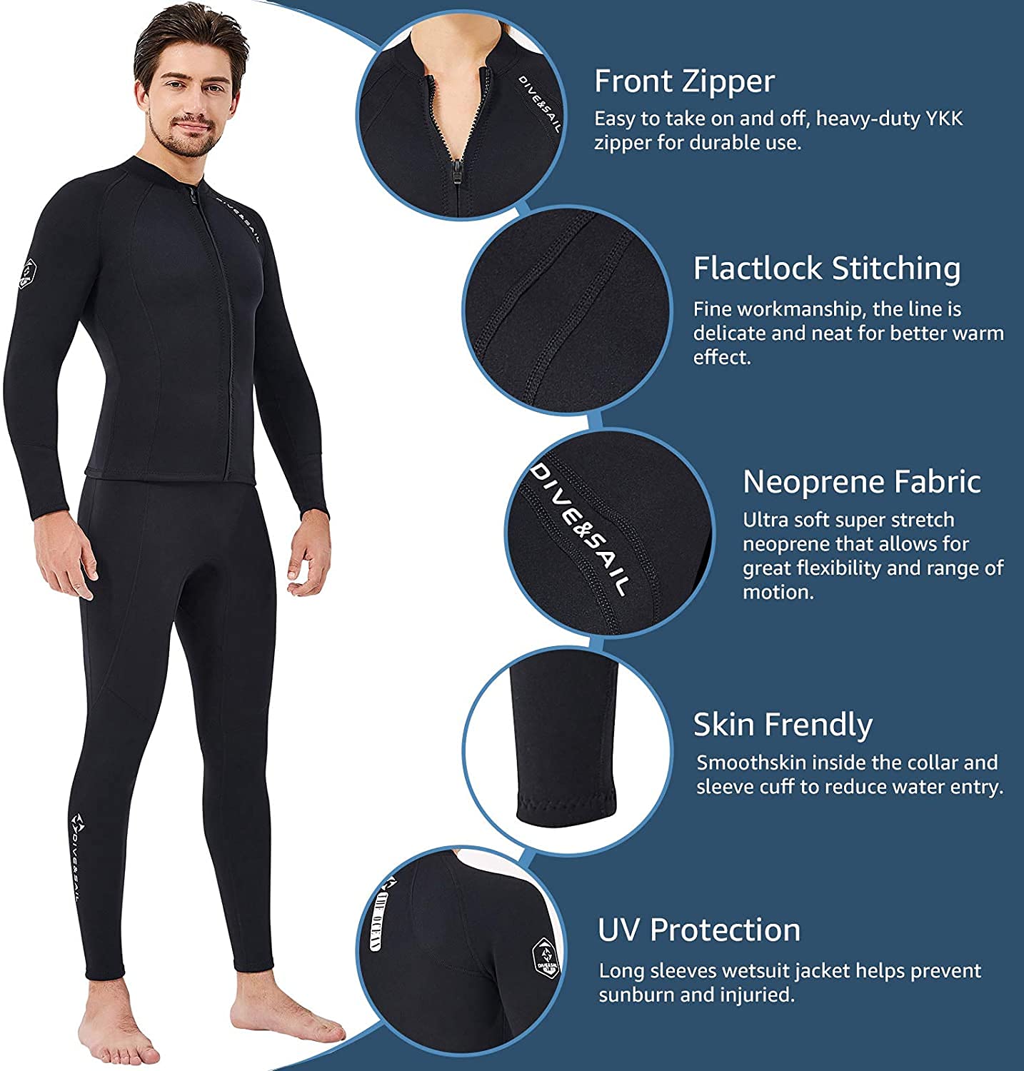 EUPTE 2mm Wetsuits Women/Men Long Sleeve Jacket UPF50+ UV Protection Diving Skin Suit Top for Scuba Diving Snorkeling Surfing Swimming (men, 2XL)
