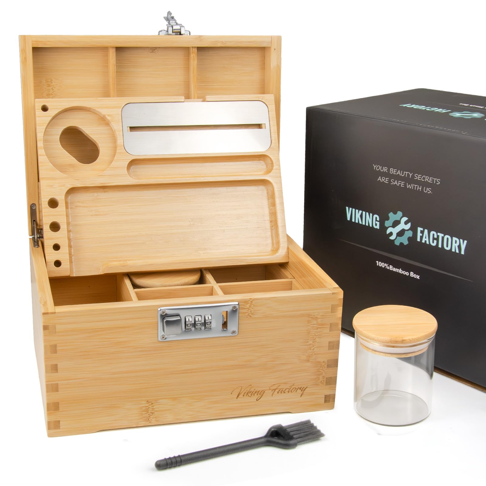 Viking Factory Large Lockable Bamboo Storage Box with Combination Lock, Decorative Organizer for Jewelry, Medicine & Tools, Includes Tray, Glass Jars