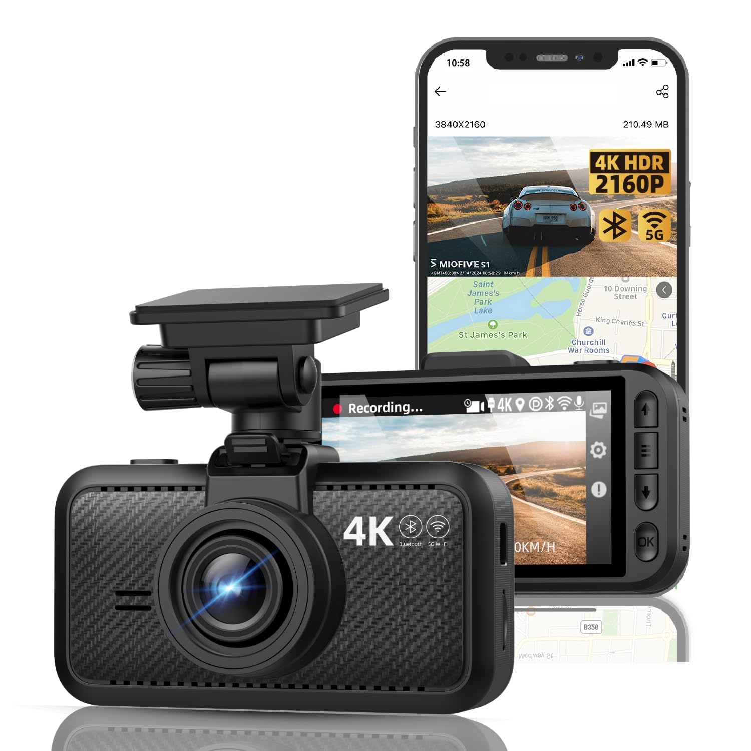 Miofive Dash Cam Front for Car 4K/2160P Dash Camera with 5G WiFi and Bluetooth APP,Built-in GPS 3.0" IPS Screen Dashcam 140? Wide Angle, G-Sensor,
