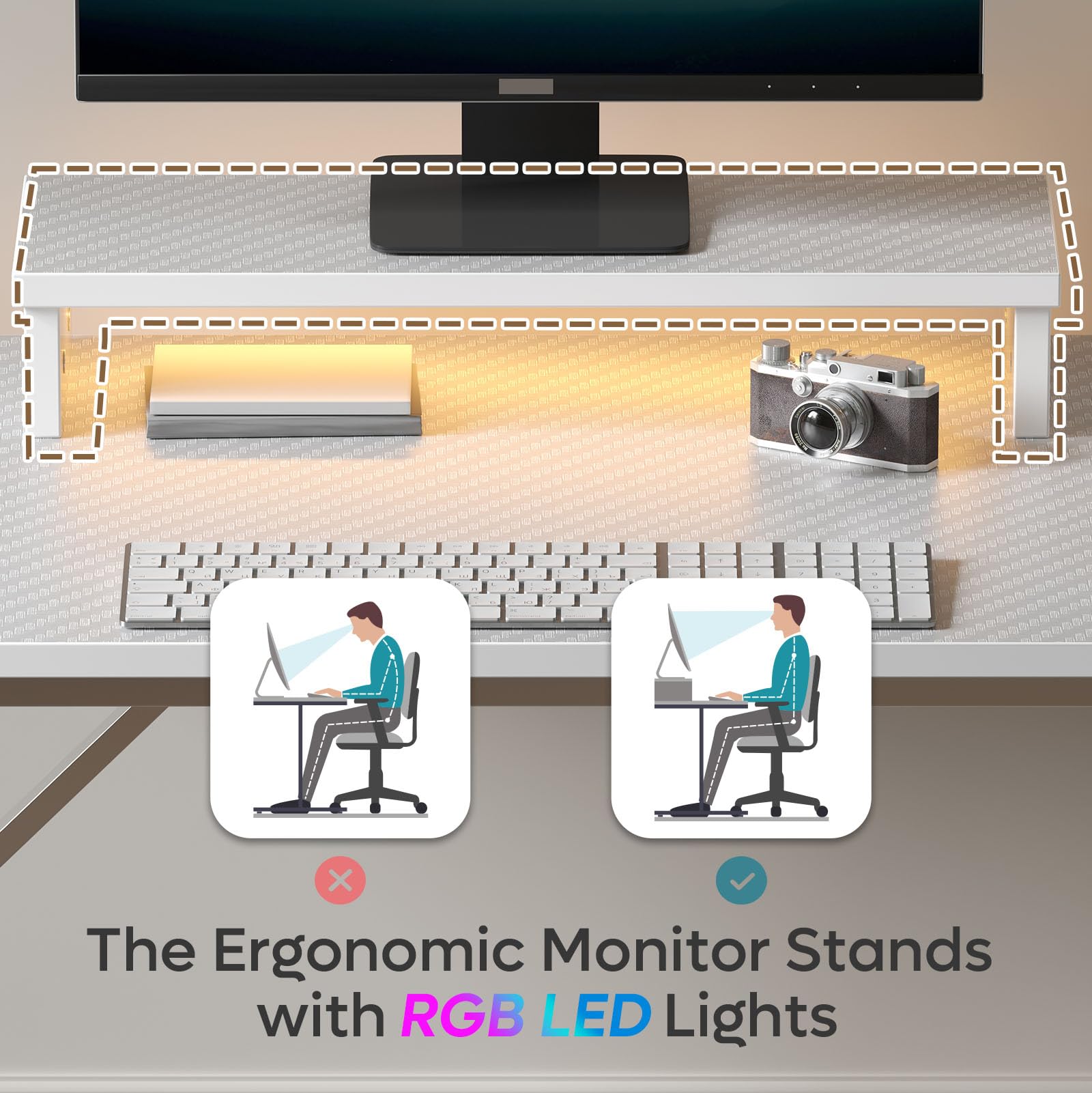 Bestier Small Gaming Desk with Monitor Stand, 106.6 CM LED Computer Desk, Gamer Workstation with Cup Holder & Headset Hooks, Modern Simple Style Desk