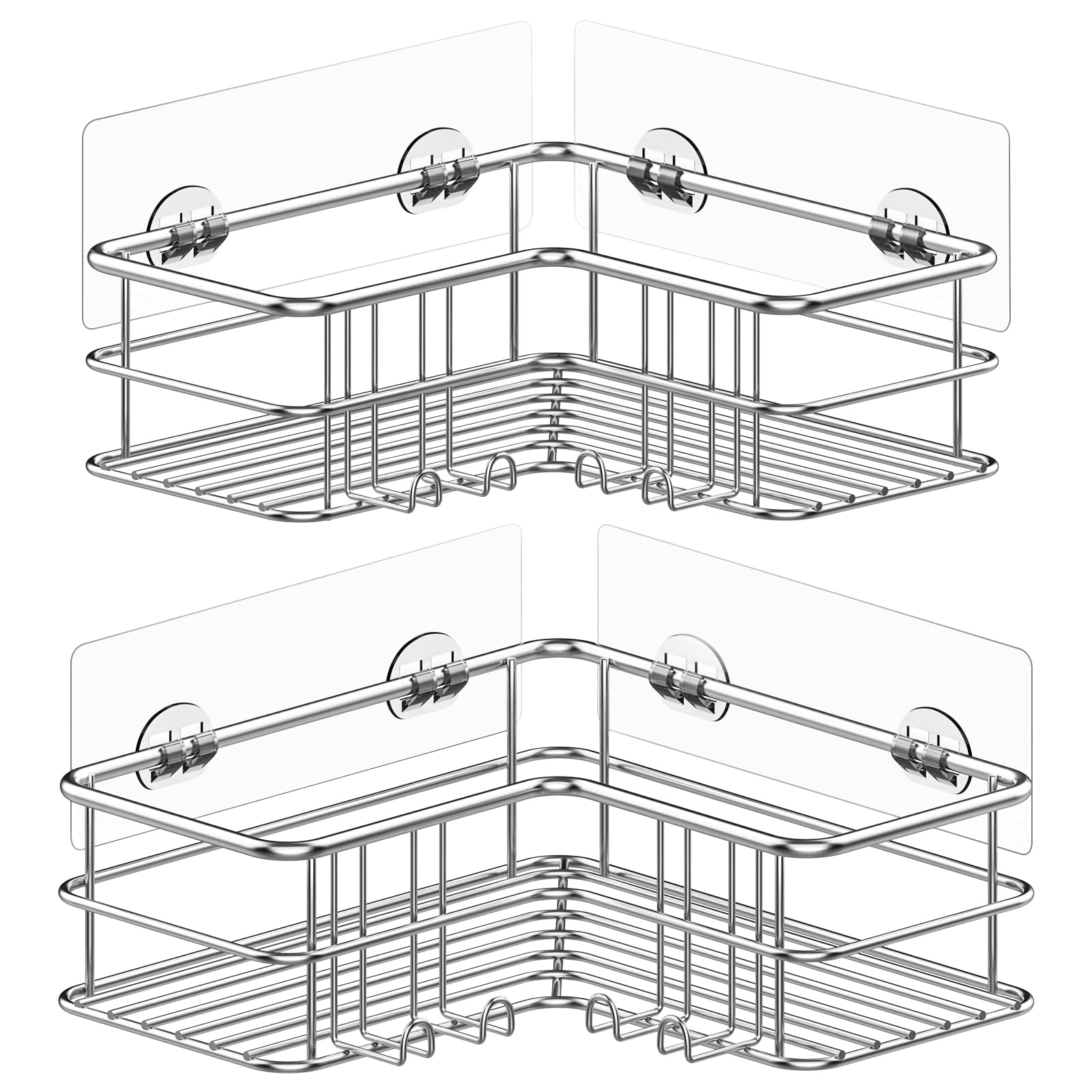 Menbyci Silver Corner Shower Caddy,Adhesive Shower Shelf with Hooks, Stainless Steel Rustproof Bathroom Storage Organizer Rack,No Drilling Shampoo