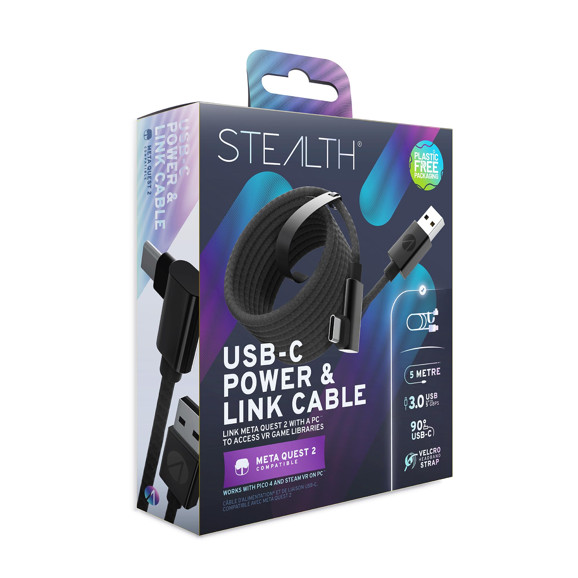 STEALTH 5M USB-C Power Link Cable Compatible with Meta Quest 2 Durable, Braided L-Shaped USB 3.0 with Velcro Strap for enhanced VR