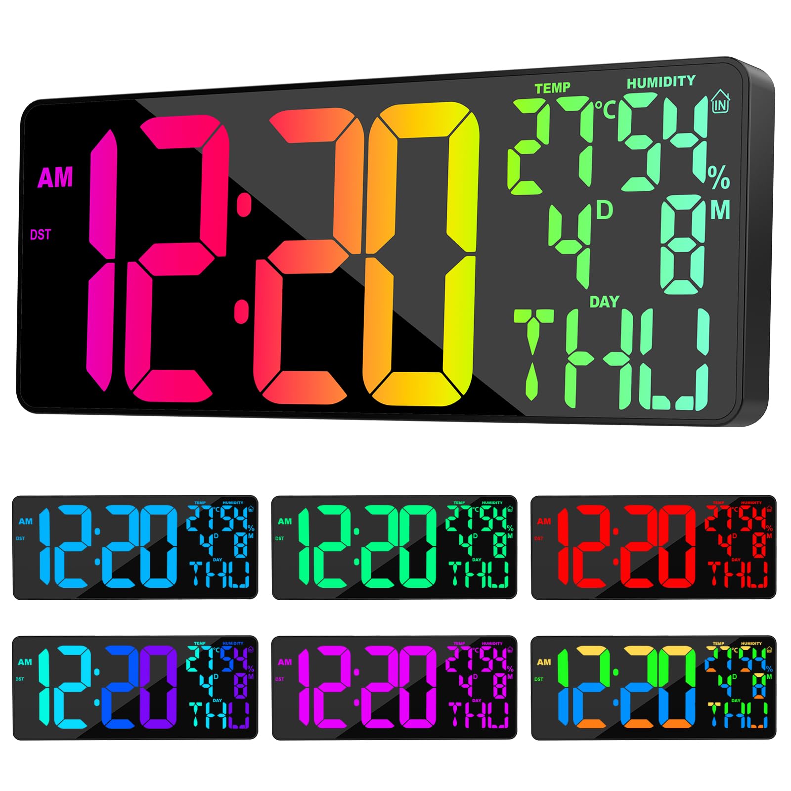 XREXS 18 Inch Digital Wall Clock Large Display, 10 RGB Color Changing Extra Large Digital Wall Clock with Remote Control, Date, Temp/Humidity, Auto