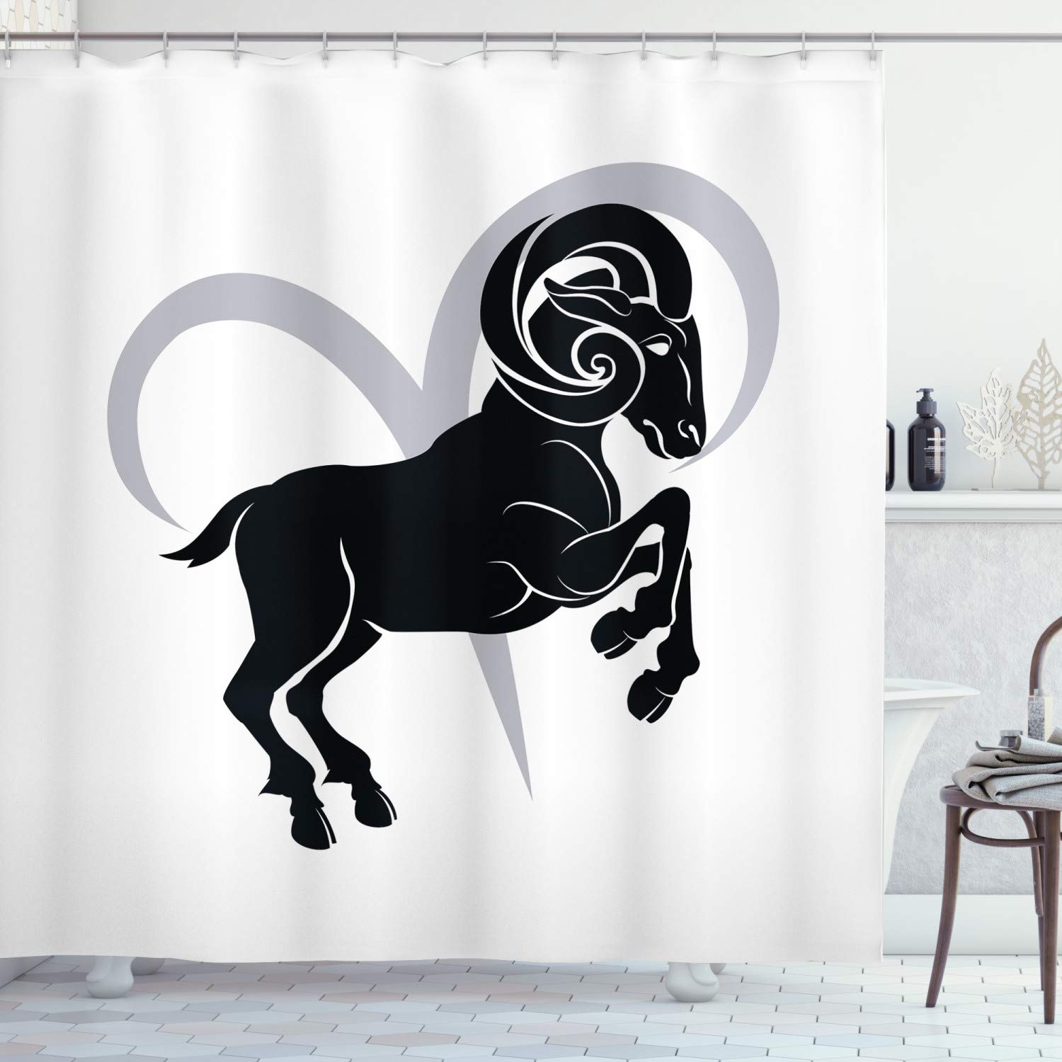 ABAKUHAUS Zodiac Aries Shower Curtain, Black Silhouette of a Astrological Animal Standing on Grey Sign, Cloth Fabric Bathroom Decor Set with Hooks,