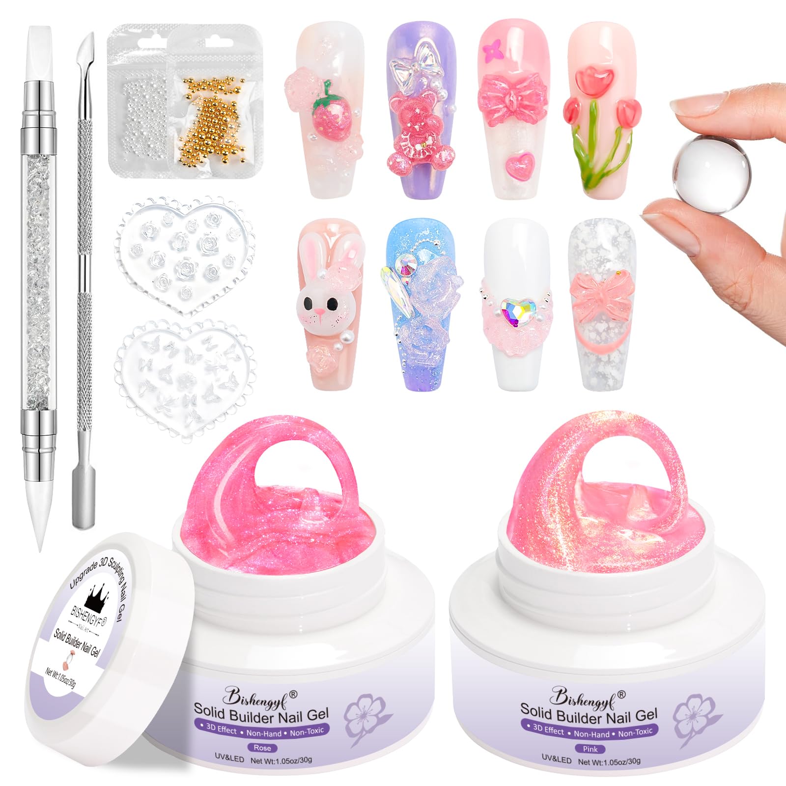 BISHENGYF 3d Gel for Nails,Large Capacity Clear 2pcs 30g Non-Sticky Mermaid Pearl 3d Sculpting Nail Gel,Clear Carving for Nail Extension Nail Art