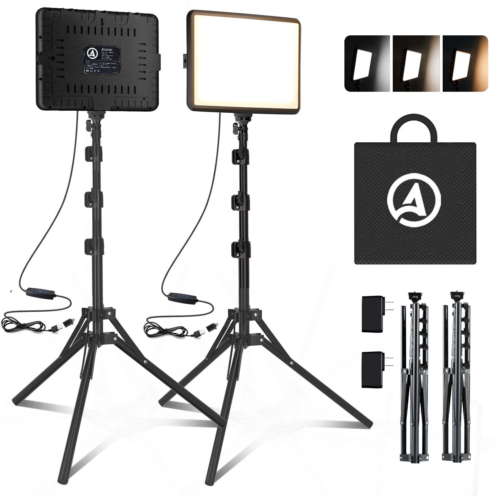 Photography Lighting Kit, Arsoer 2-Pack 12"/25*20CM LED Studio Video Light, 15W Dimmable Camera Light for Video Recording&Stream Selfie&Indoor