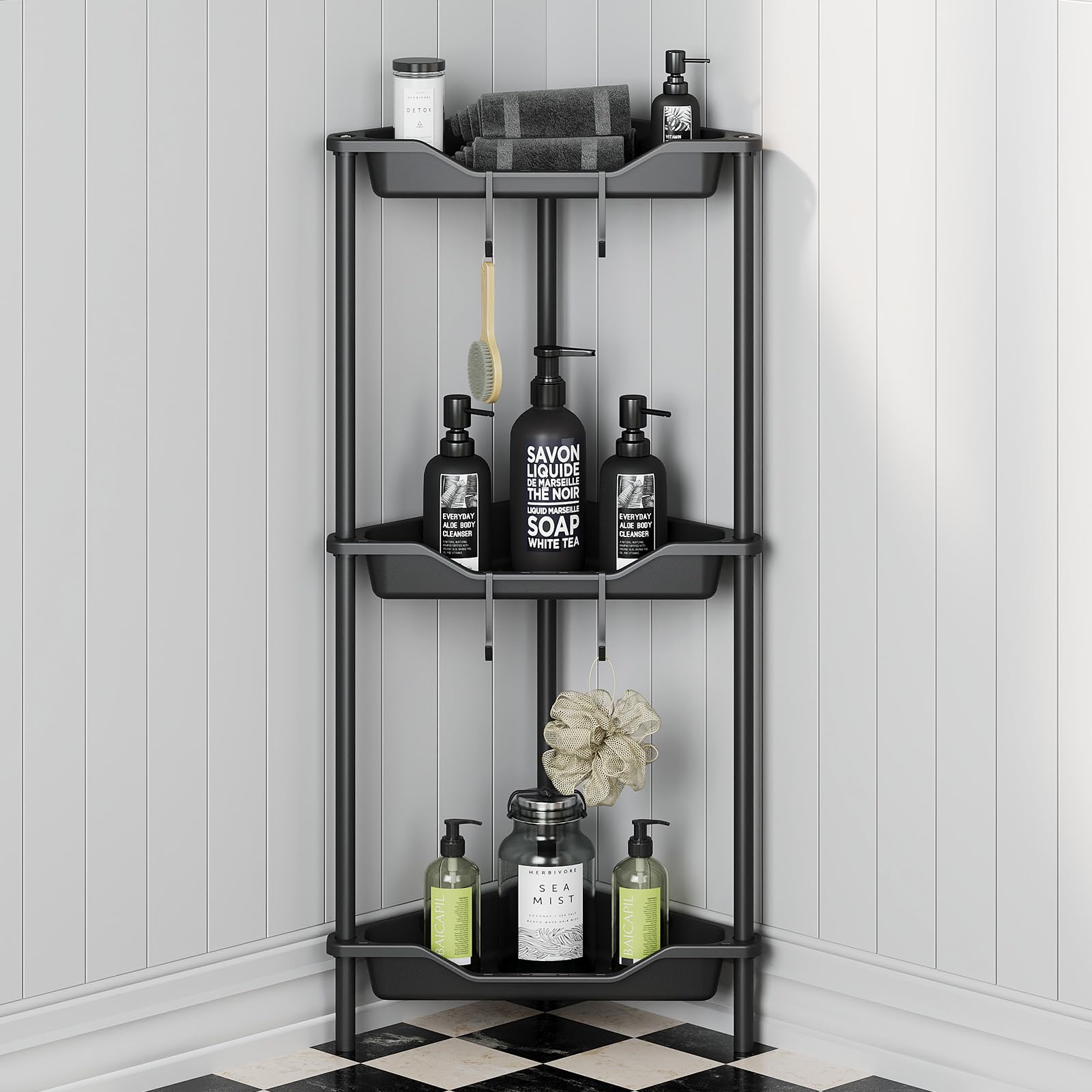 OriwarE 3 Tier L-Shape Freestanding Modern Plastic Metal Rustproof Waterproof Corner Shelf for Bathroom Toiletries Organization, 3 Pack, Black