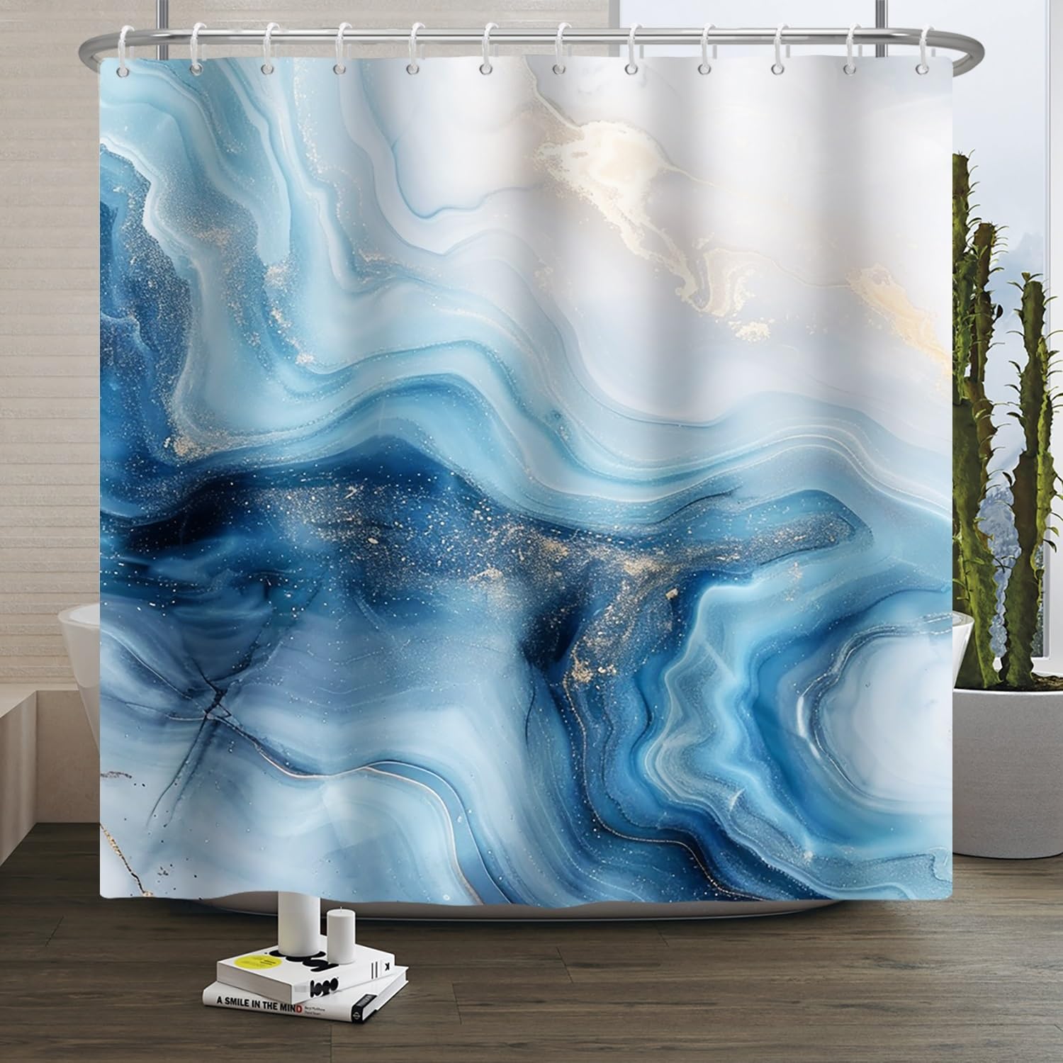 Xiaoterna Marble Shower Curtain Blue Marble Shower Curtain Modern Abstract Blue Gold Marble Waterproof Bathroom Curtain Modern Luxury Art Shower