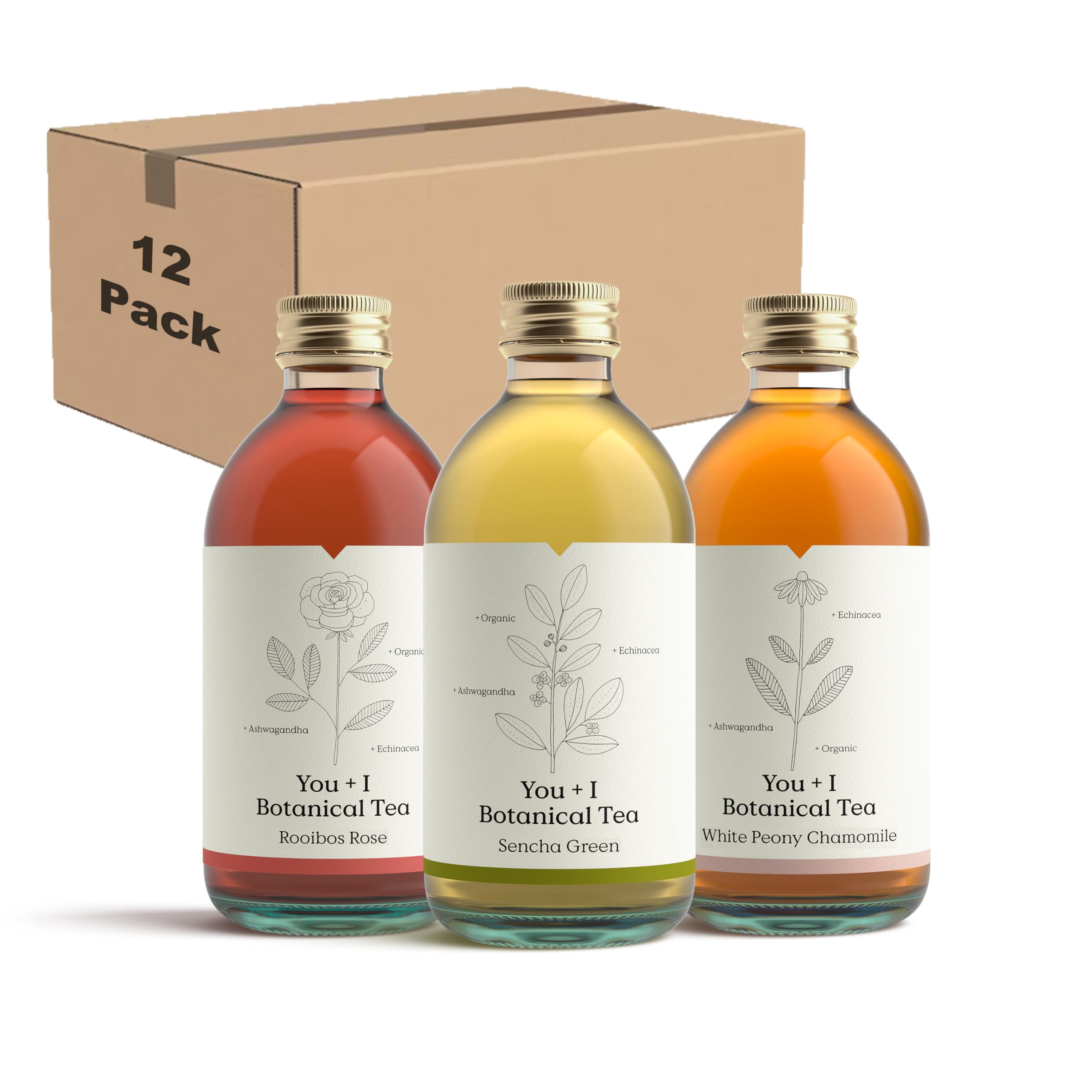 You + I Botanical Tea Variety Pack (12 x 330ml) | x4 Rooibos Rose, x4 Sencha Green Tea, x4 White Peony Chamomile | Sleep Support, Stress Relief,