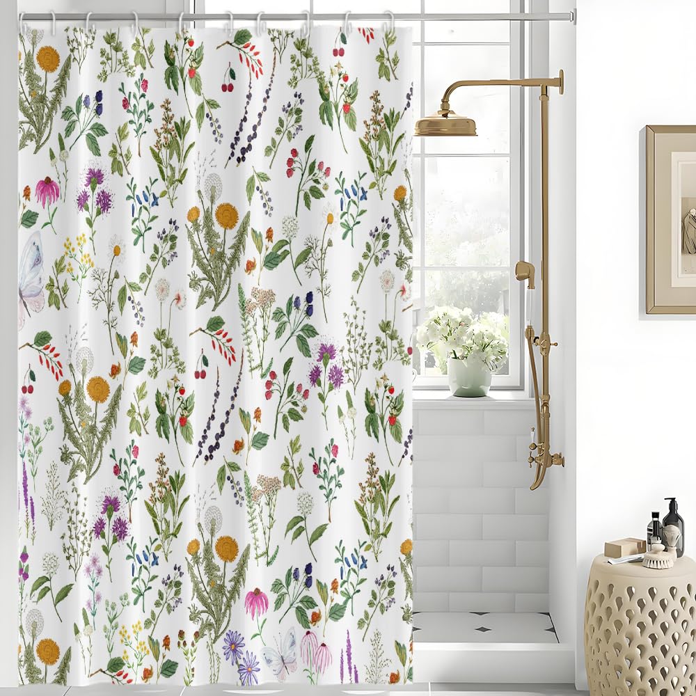Green Leaves Shower Curtain, Uiiooazy Pink Yellow Flower Vintage Floral Bath Curtain Mildew and Mould Resistant Waterproof Polyester Fabric Opaque