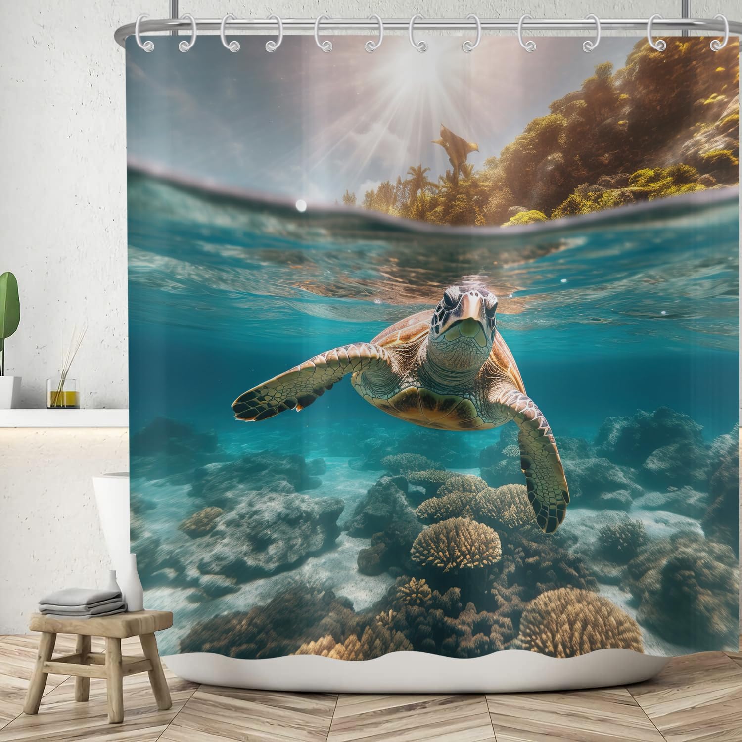 ASDCXZ Sea Floor Shower Curtain 180x200 cm, Blue Ocean Sea Animals Turtle Swimming Sunshine Bath Washable Shower Curtains Polyester Textile Waterproof