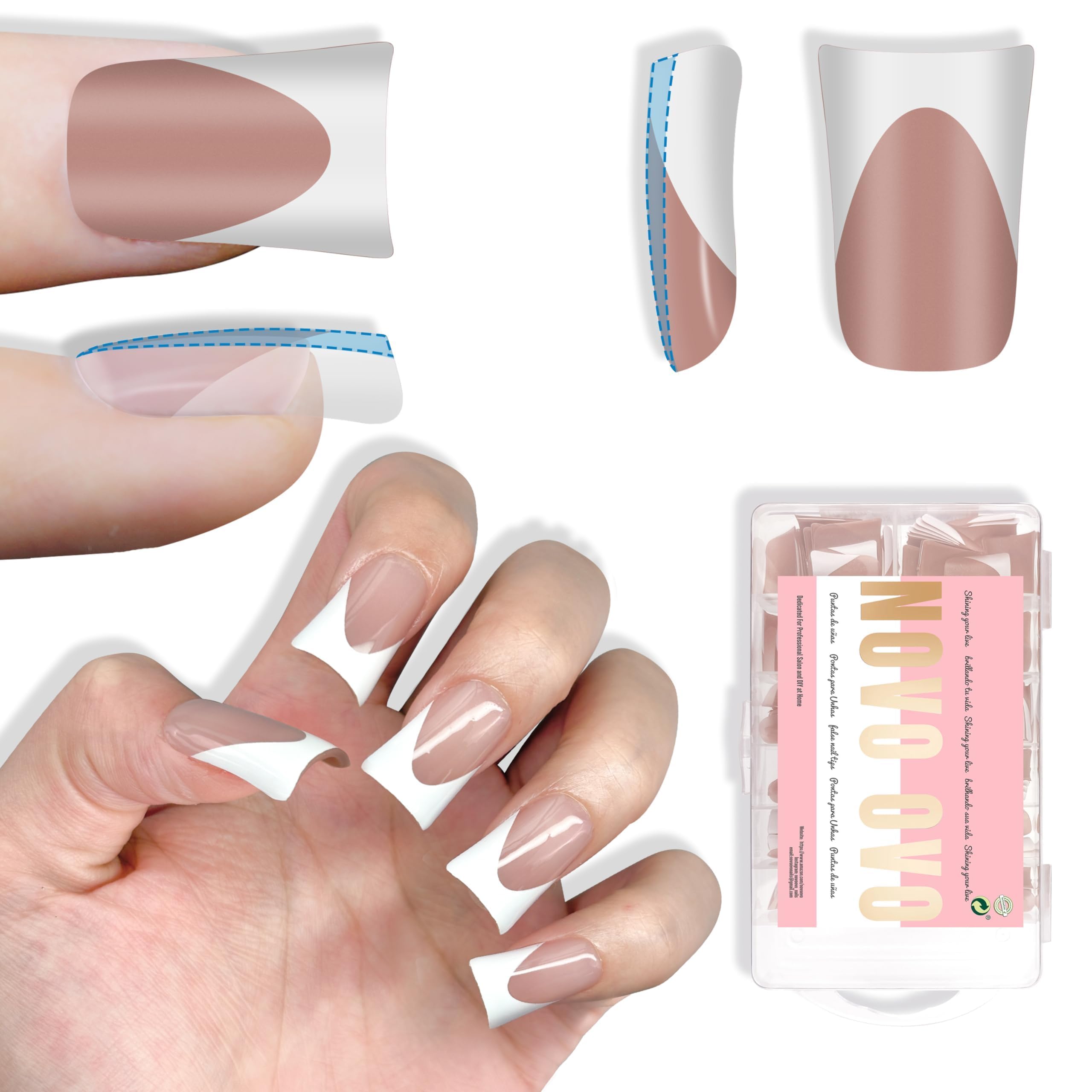 NOVO OVO Short Duck Nail Tips French Tip Press On BROWN PINK, Pre-designed Soft Gel Nail Extension, Need Buider Gel Top Coat, No Glue included, Full