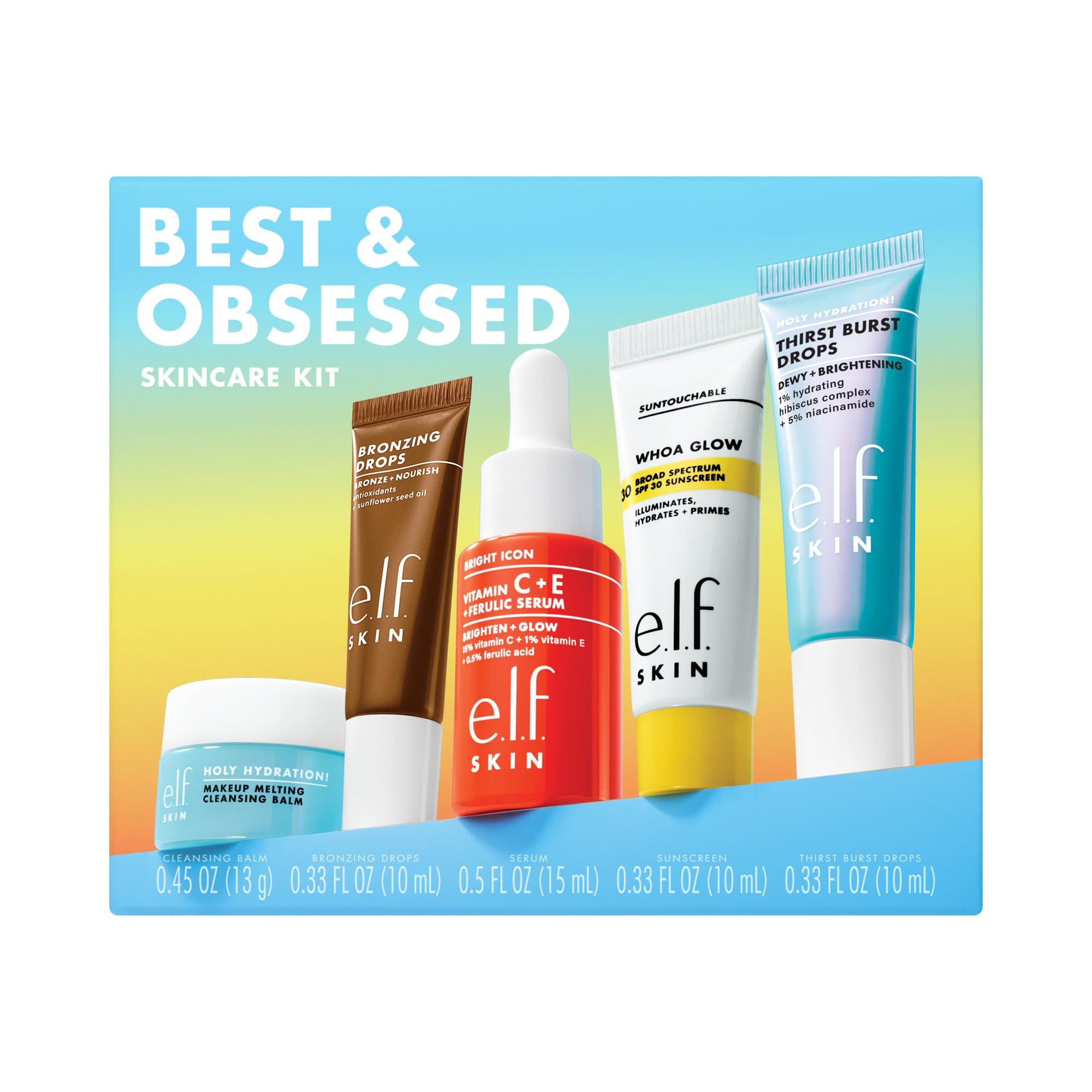e.l.f. SKIN Best & Obsessed Skincare Kit, Travel-Size Makeup Remover, Sunscreen & Brightening Serums For Glowy Skin, Vegan & Cruelty-Free