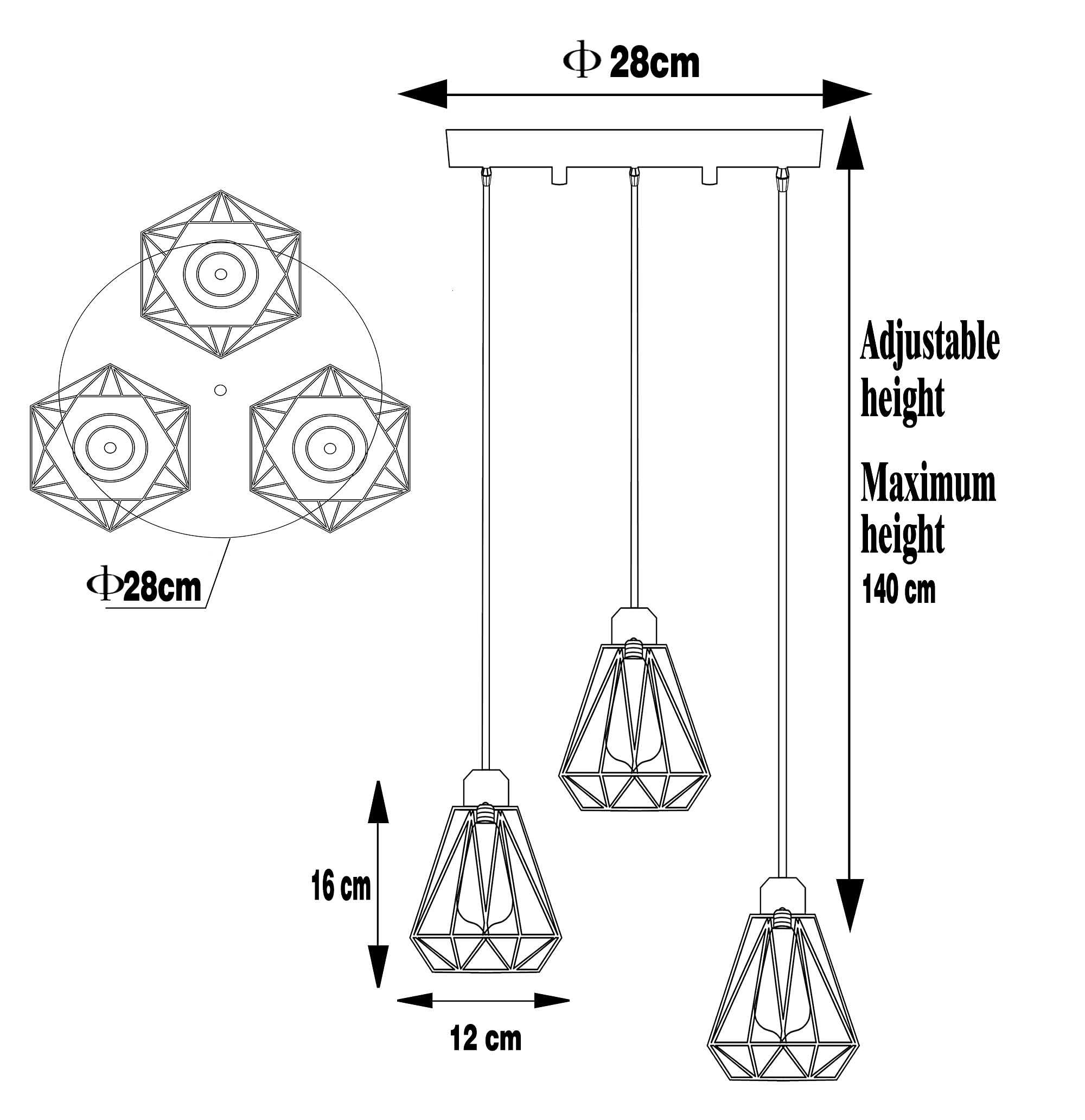 Timi Home Industrial 3-Light Pendant Light, Flush Mount Ceiling Light Fixture with Black Metal Cage Shade, Vintage Hanging Pendant Lighting for
