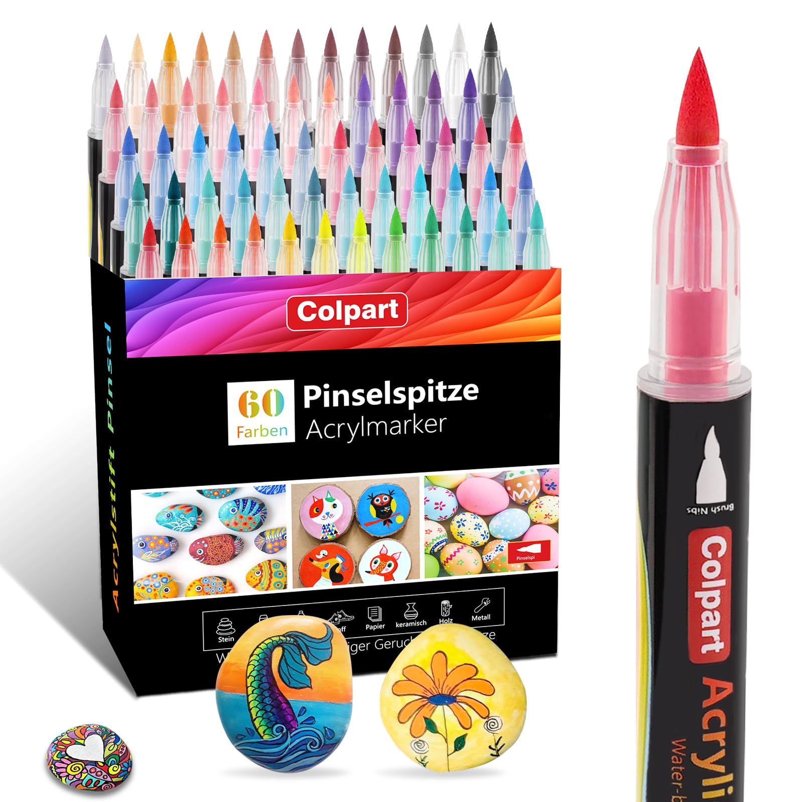 Acrylic Paint Brush Pens for Rocks painting 60-Colours acrylstifte paint markers Set for Wood Crafts Ceramic Glass Stone Pebble Colouring for Kids