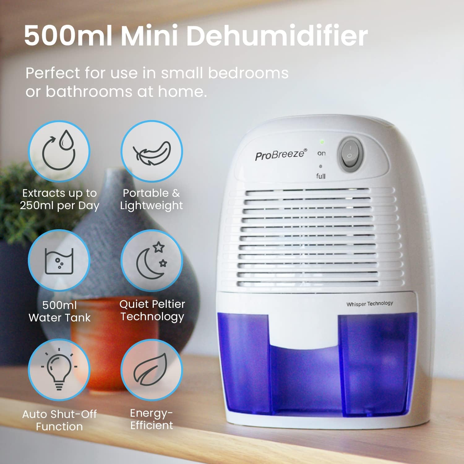 Dehumidifier 500ml Tank Portable for Damp Mould Moisture Ultra-Quiet Pro Breeze