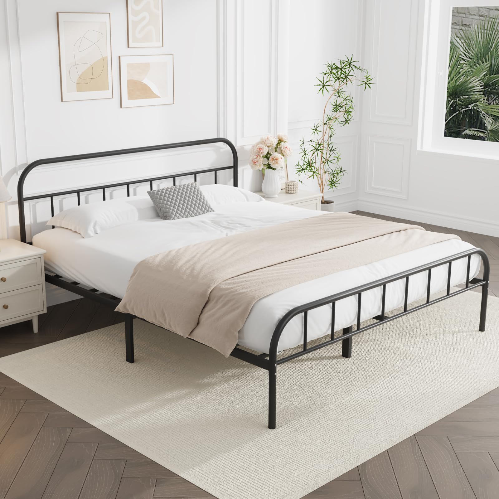 Yocreat Double Metal Bed Frame with Large Storage Space,Black Modern Style Metal Bed Frame,Durable Steel Construction and Easy Assembly?135x190cm?