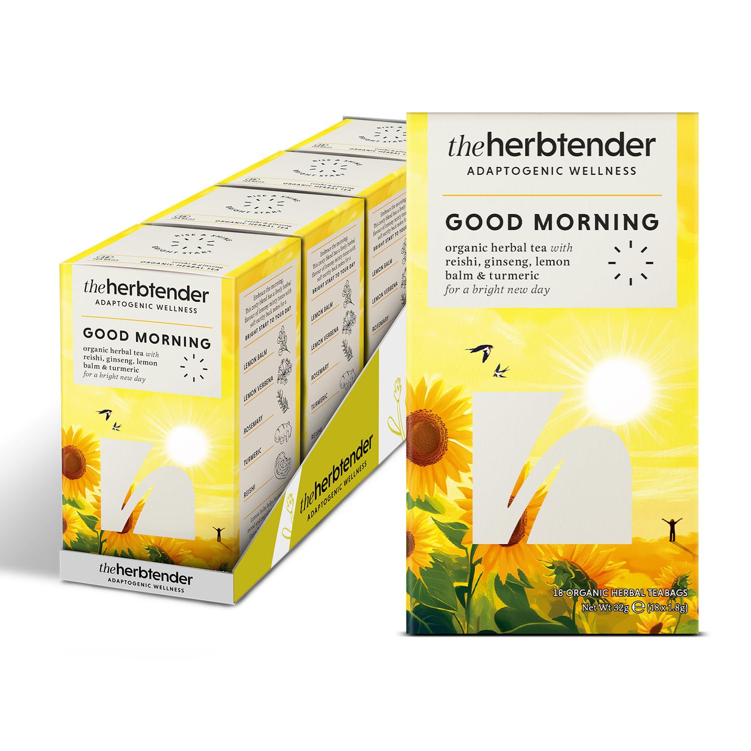 Good Morning Organic Lemon Balm Tea Bags with Ginseng & Turmeric ? 72 x Herbal Rosemary Tea ? Caffeine Free Flavoured Tea Bags Individually Wrapped ?