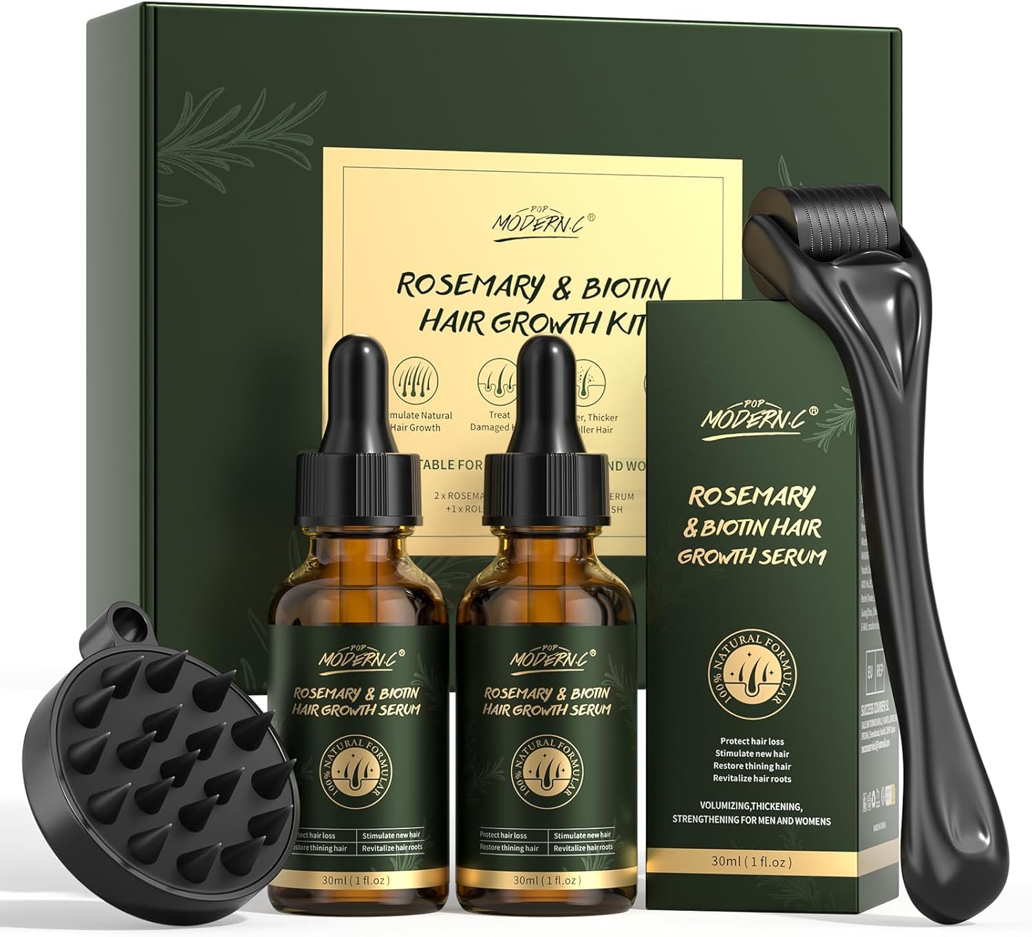 Rosemary & Biotin Hair Growth Oil, Rosemary Oil Hair Growth Serum with Derma Roller & Scalp Massager Hair Thickening Products Reduces Hair Loss Hair