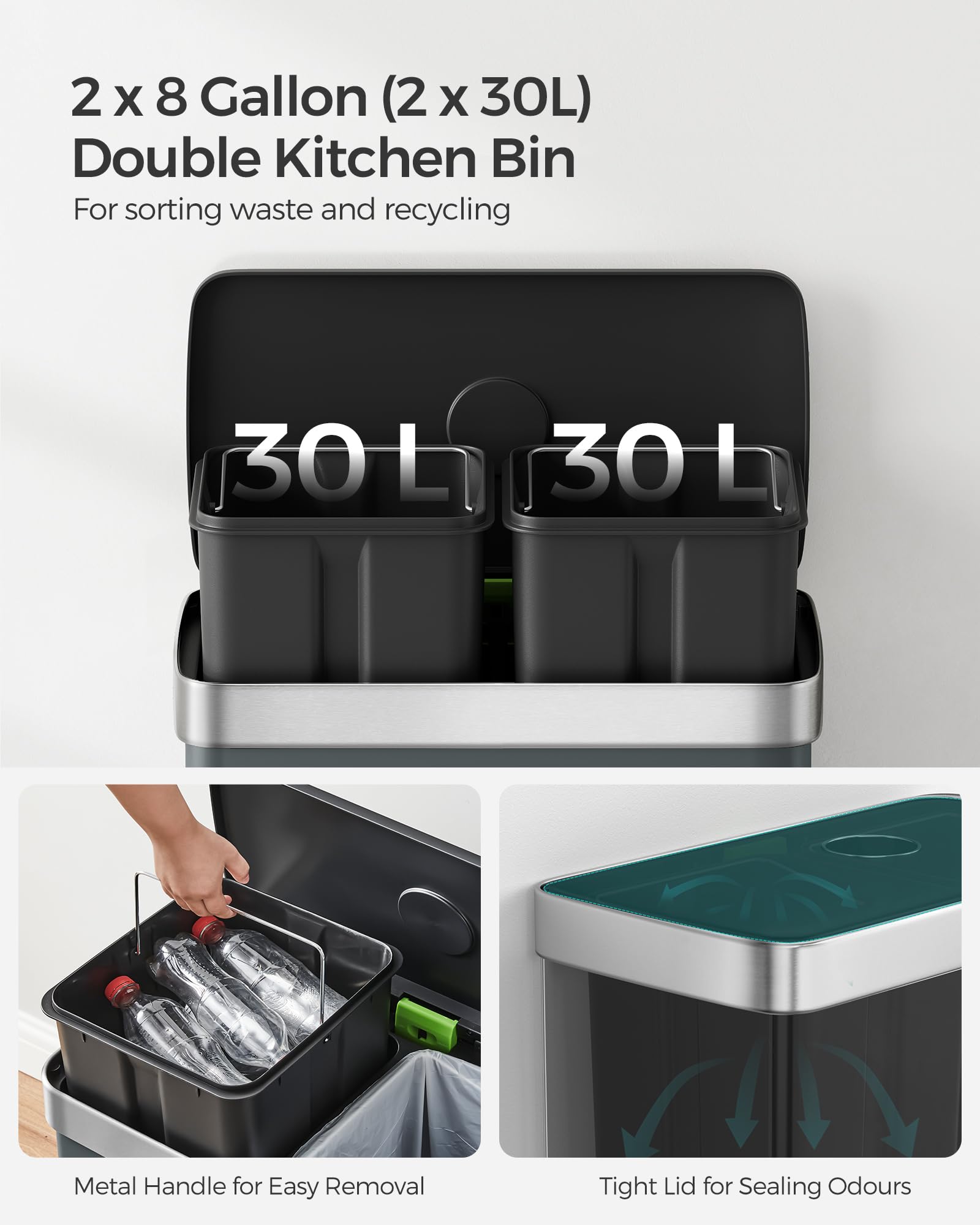 SONGMICS Kitchen Bin, 2 x 30L Stainless Steel Pedal Rubbish Bin with 15 Trash Bags, Recycling and Waste, with Plastic Inner Buckets, Lid, Soft