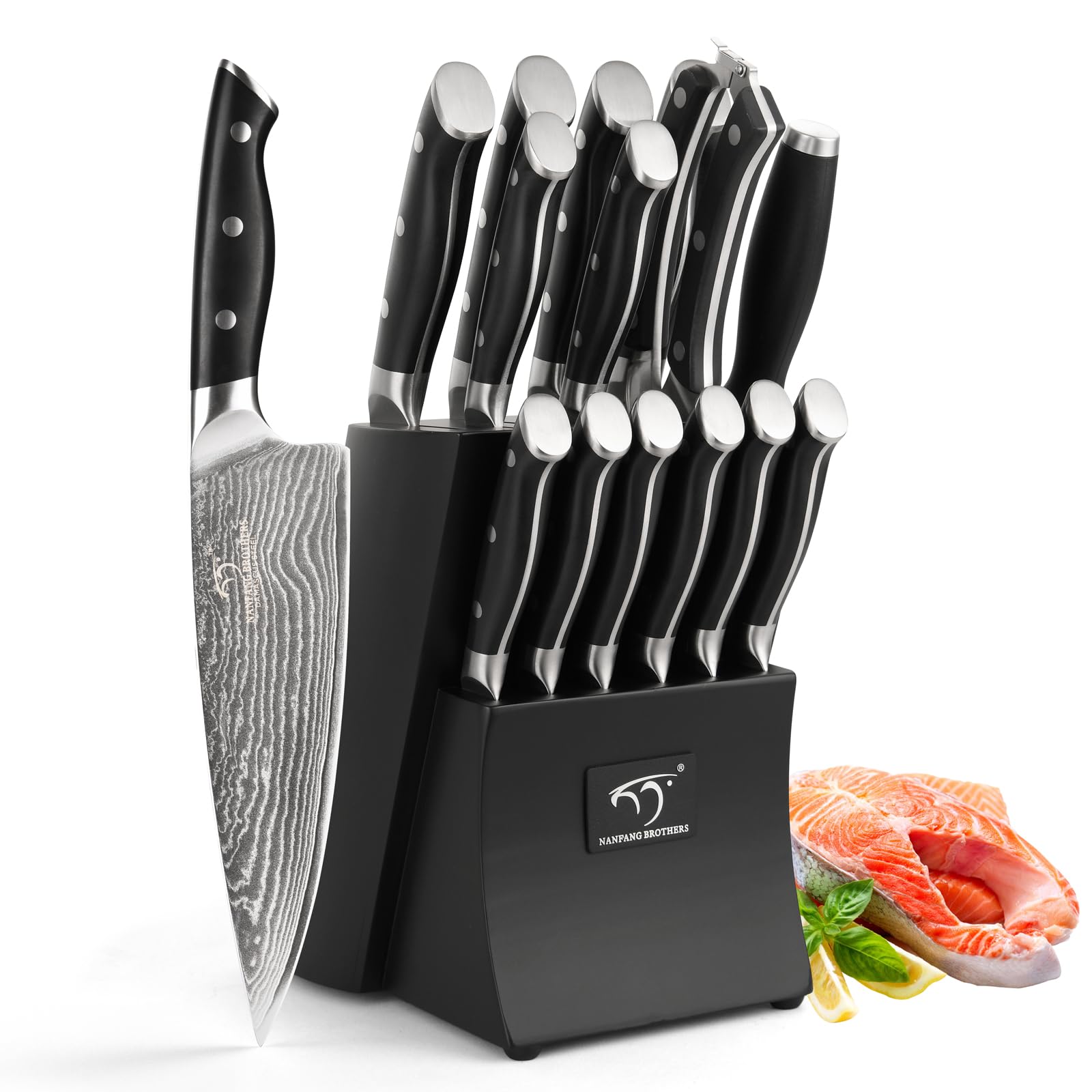 Damascus Kitchen Knife Set 15pcs,Chef Damascus Knives Set Damascus Steel, Japanese Professional Kitchen Knife Set Damascus with Wood Knife Block Black