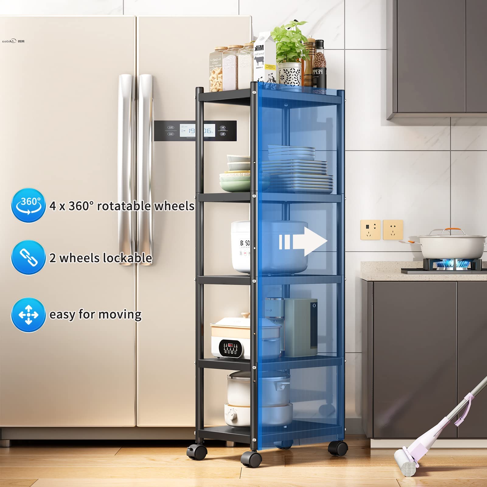 SAYZH Shelving Unit, 5 Tier Standing Heavy Duty Metal Shelving Unit Rack, Multifunctional Narrow Storage Trolley with Wheels and Anti-slip Feet for