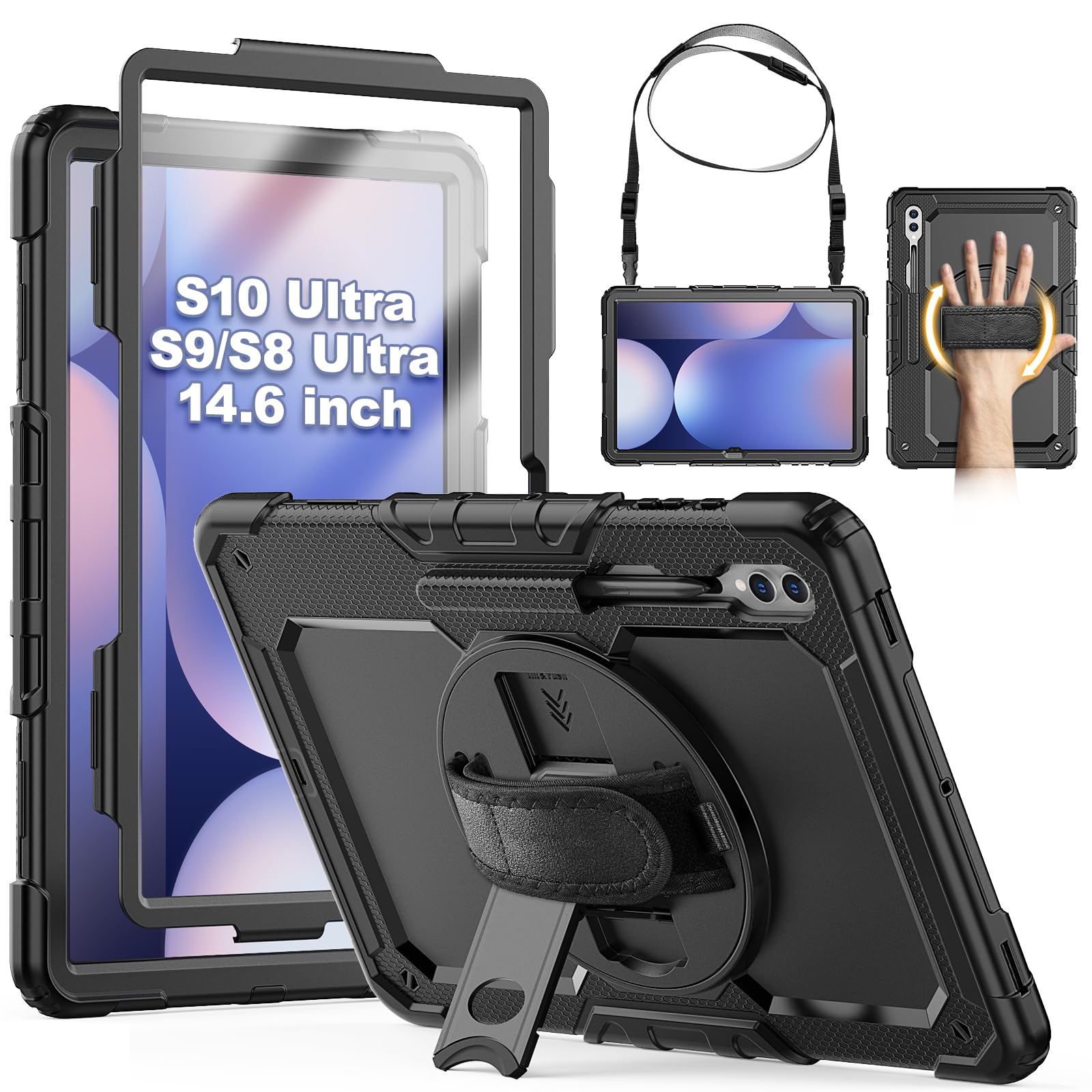 SEYMCY Case for Samsung Galaxy Tab S10/S9/S8 Ultra 14.6 inch 2024/2023, Full-body Shockproof with Screen Protector, Rotating Hand Strap & Stand,