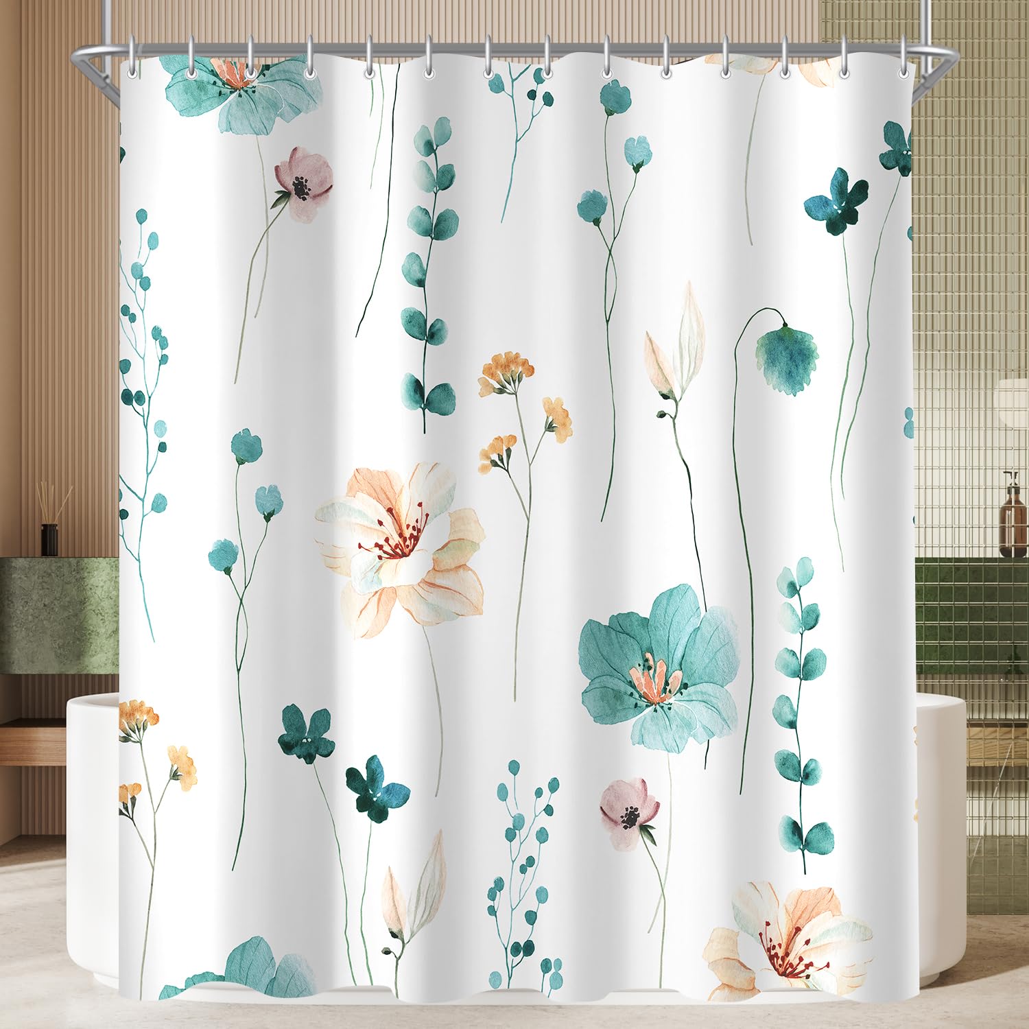 Lerores Shower Curtain, 180 x 180 cm, Teal Flower, Weighted Hem, Anti-Mould, Water-Repellent, Washable Polyester Bath Curtains with 12 Eyelets and