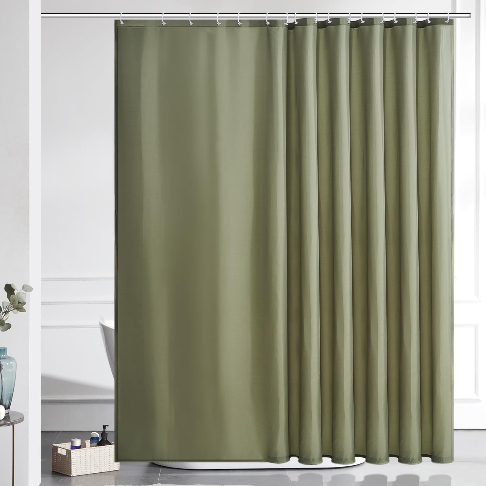 Furlinic Extra Wide Shower Curtain Sage Green Waterproof Mould Proof Resistantand Bath Curtains 240x180cm Washable Polyester Fabric with Weight Tape