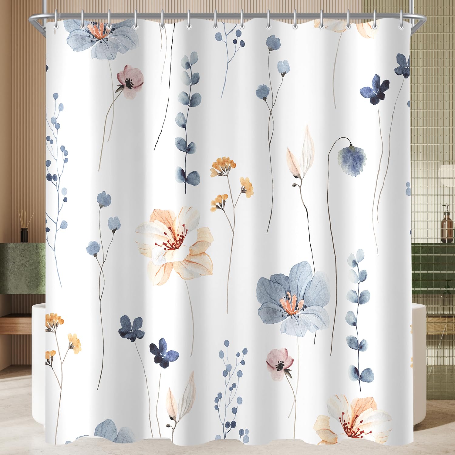 Lerores Shower Curtain, 240 x 200 cm, Blue Flower, Weighted Hem, Anti-Mould, Water-Repellent, Washable Polyester Bath Curtains with 16 Eyelets and