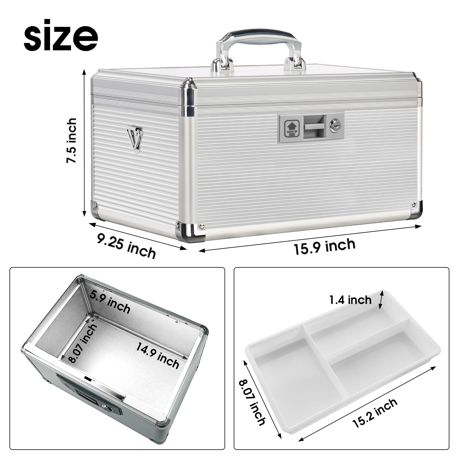 ZORVIDSON Medicine Lock Box with Key,Portable Medication Lock Box with Removeable Tray, Medicine Storage Box for Home (Silver, Extra Large)