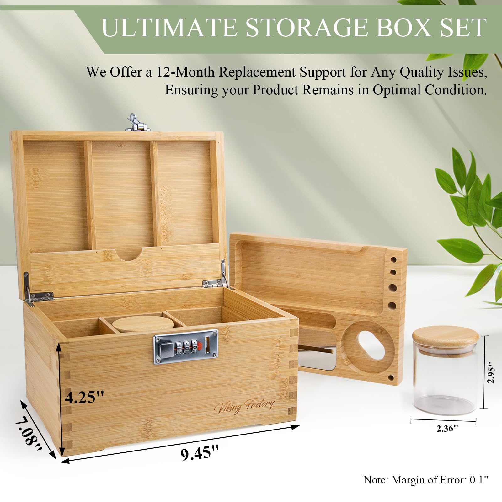 Viking Factory Large Lockable Bamboo Storage Box with Combination Lock, Decorative Organizer for Jewelry, Medicine & Tools, Includes Tray, Glass Jars
