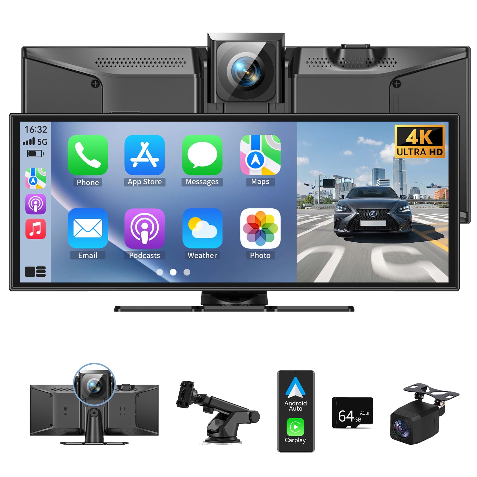 11.5" Carplay Screen for Car, Car Tablet Pro Max 2025 Car Stereo with 4K Front and 1080P Rear Camera, Car Play Screen Wireless CarPlay Android Auto