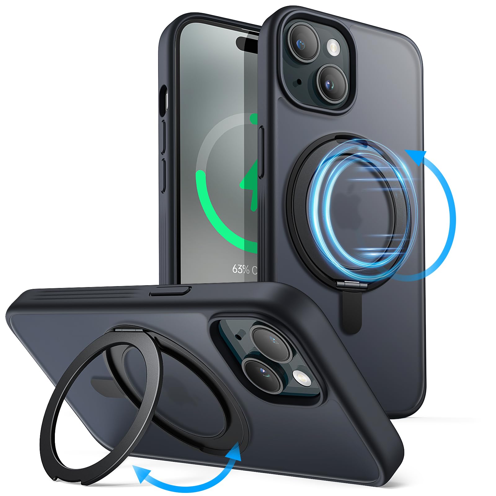 JETech 360 Degree Rotatable Ring Case for iPhone 15 6.1-Inch Compatible with MagSafe, Slim Shockproof Phone Cover with Stand & Ring Holder (Black)