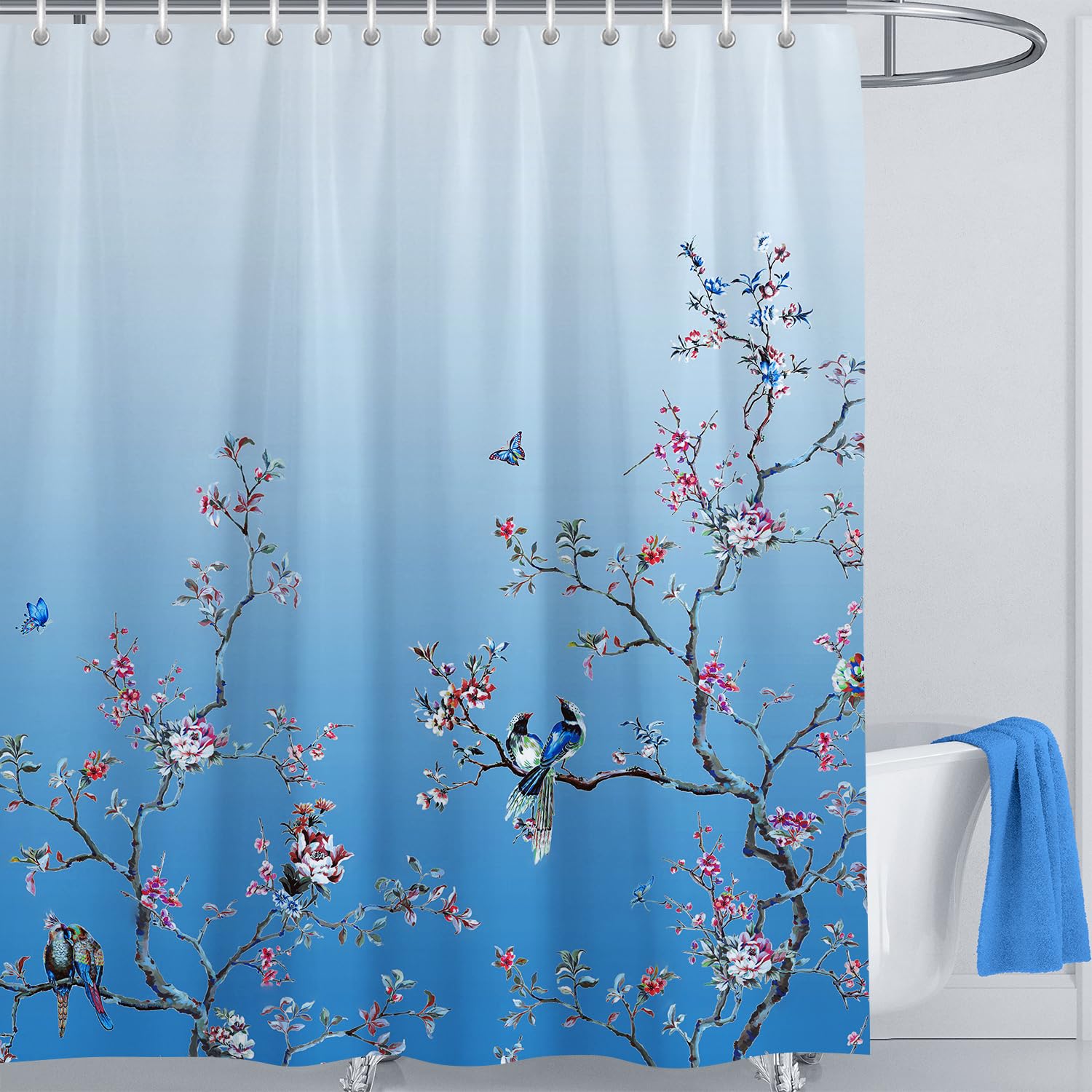 LIVETTY Ombre Blue Bird Extra Long Shower Curtain 200cm ? 200cm Drop Floral Butterfly Fabric Bathroom Curtain Mould Proof Spring Washable Shower