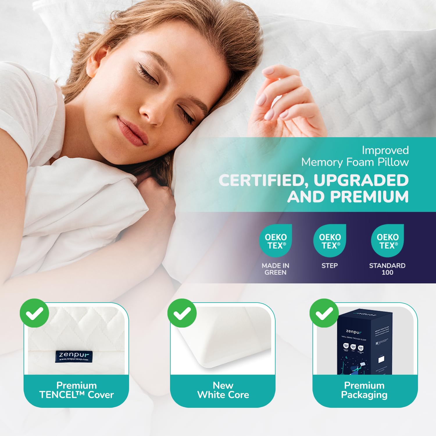 ZenPur Memory Foam Pillow, Orthopedic Pillow for Neck Support, EU Made, Soft version, 2-Pack, Comfortable Side Sleeper Pillow with Bamboo Pillow