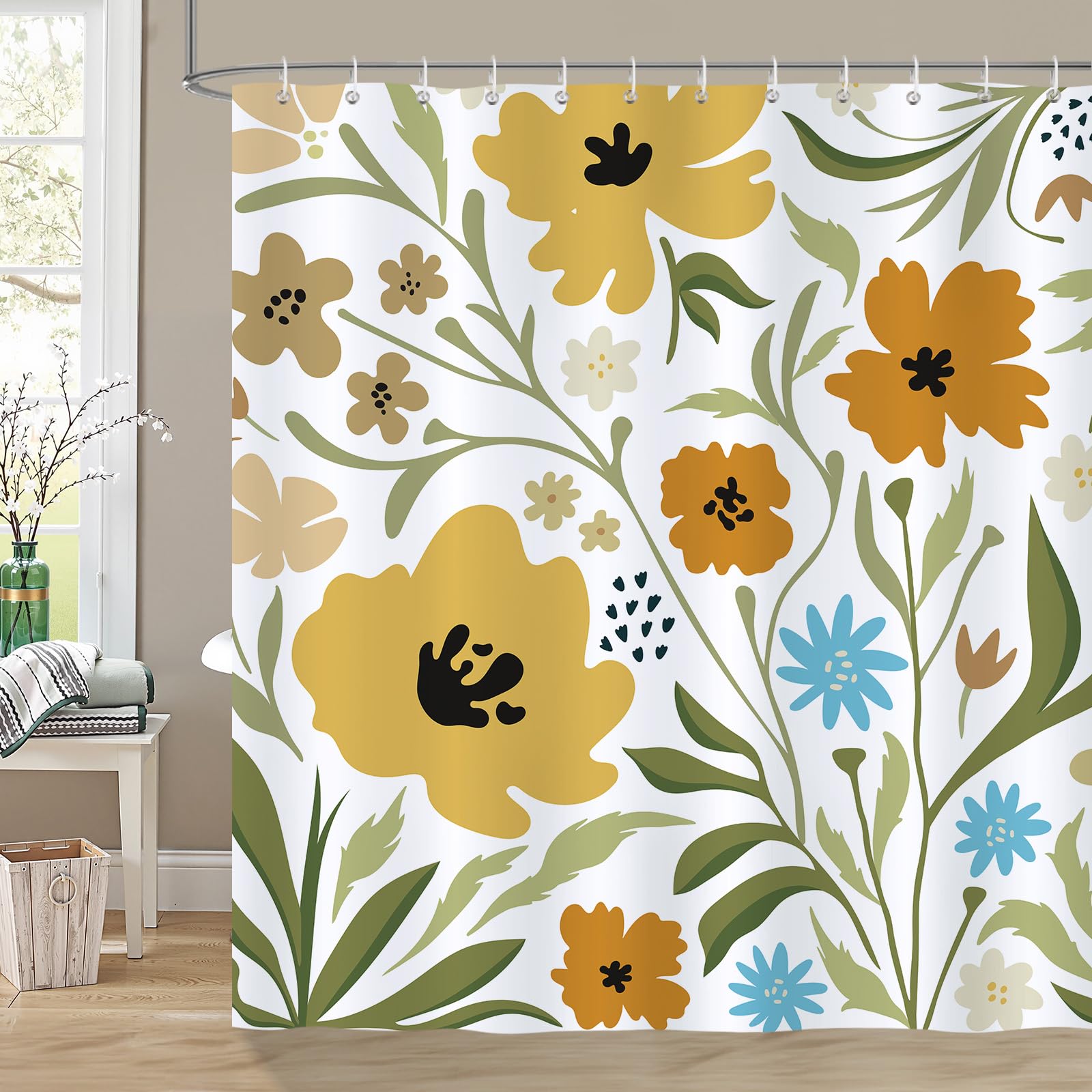 COZZSNUGE Boho Floral Shower Curtain, Cute Colorful Flower Modern Abstract Bathroom Curtain 183 x 183 cm, Water Repellent Mildew Resistant Polyester