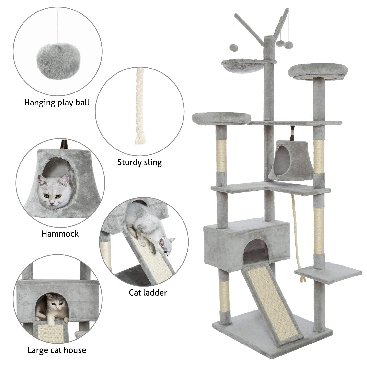 Meerveil Cat Tree, 210cm Cat Tower for Indoor Cats, Cat Climbing Tree with Activity Platforms, 3 Pompoms, 2 Condos, Basket and Sisal Scratching Posts,