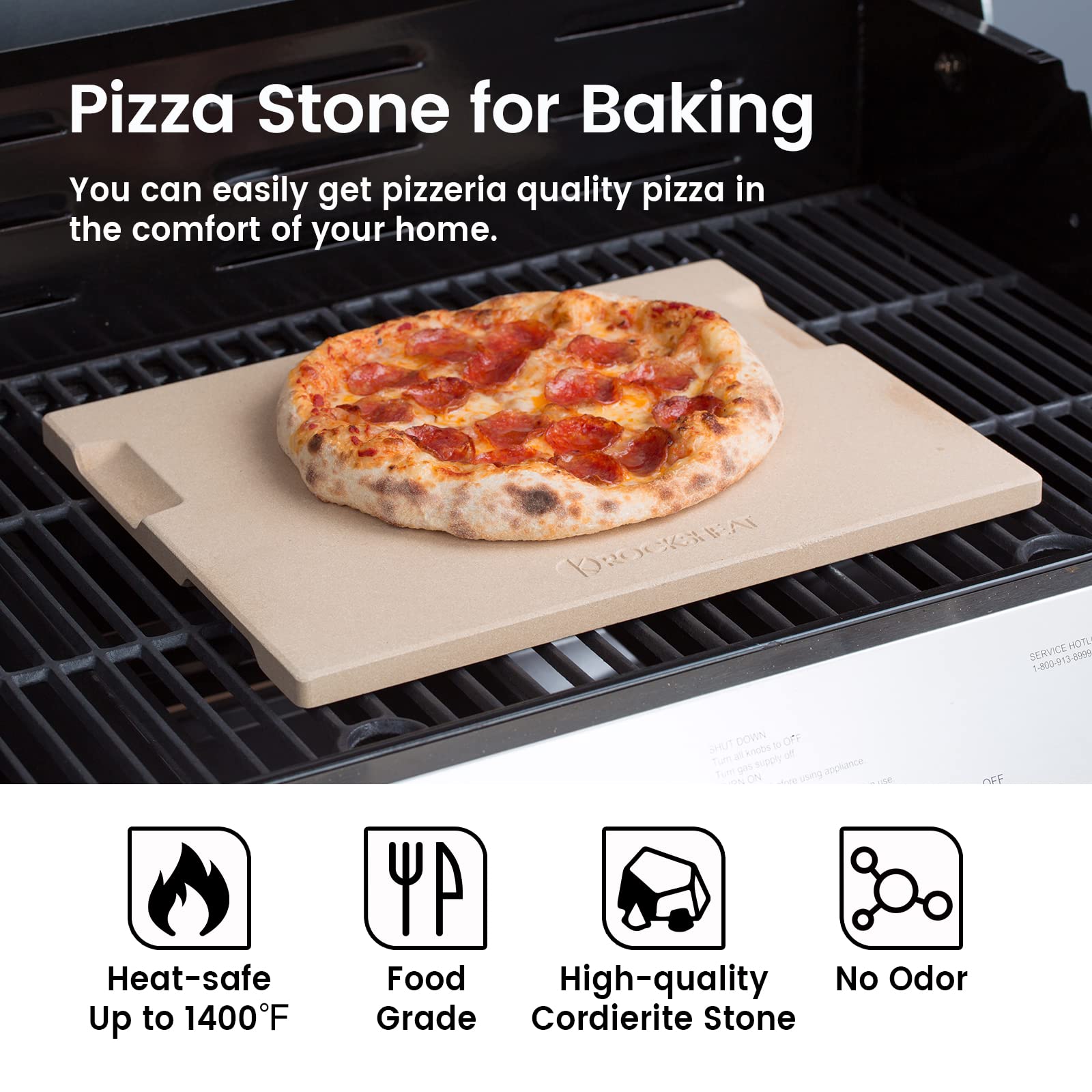 ROCKSHEAT Pizza Stone Bread Baking Stone 30 x 38cm Rectangular Stone for Oven and Grill Innovative Double-Sided Built-in Design with 4 Handles Pizza