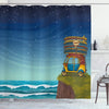 ABAKUHAUS Ocean Shower Curtain, Cartoon Car with Surfboards Blue Night Ocean Waves Travel Summer Island Illustration, Cloth Fabric Bathroom Decor Set