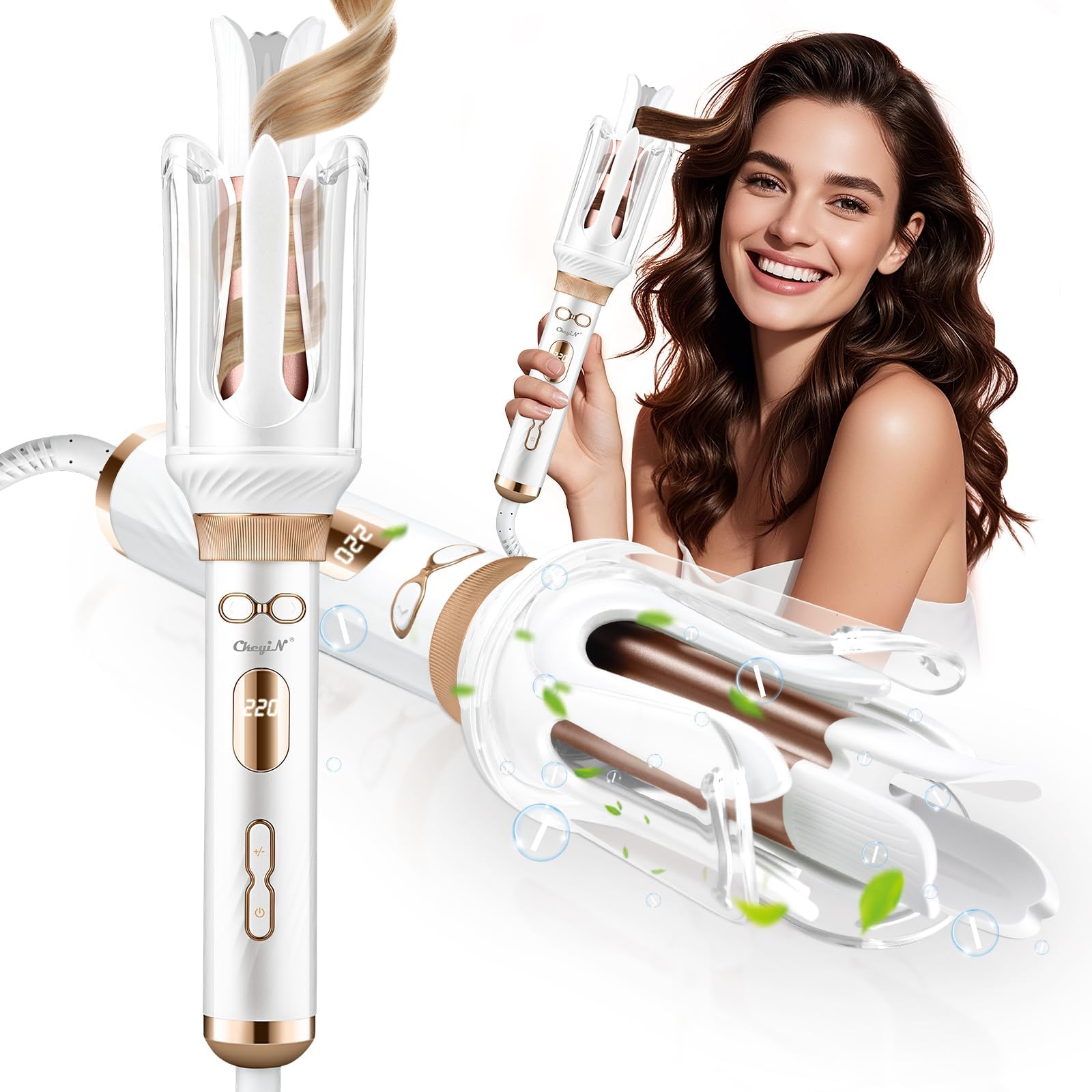 CkeyiN Pro Automatic Rotating Curling Iron - Beach Waves Curling Wand - Ceramic Negative Ion Hair Curler 28mm,Five-Pointed Extension Claws to Prevent