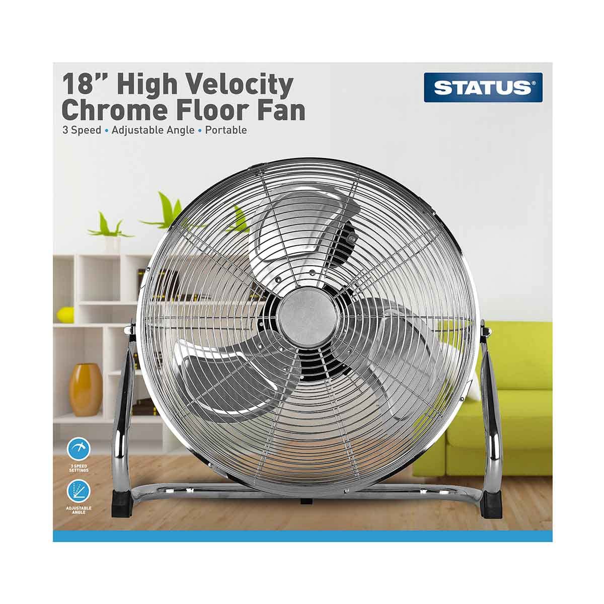 Status Floor Fan | 18 Inch Portable Fan | 3 Speed Adjustable Angle Fan | Chrome | S18CFLOORFAN1PKB