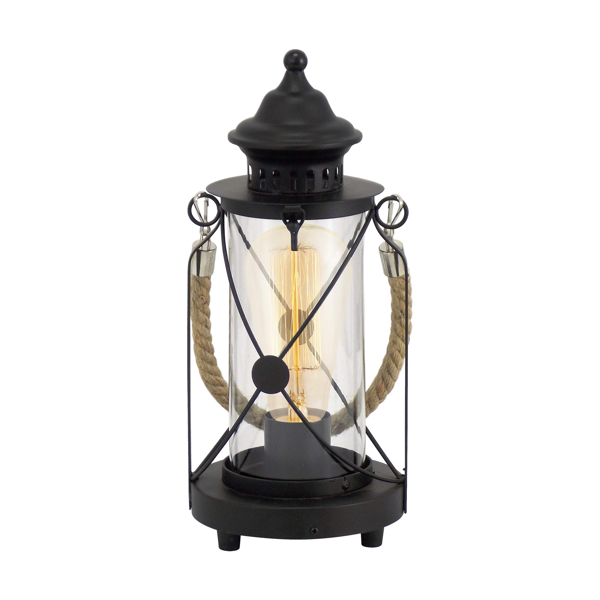 Eglo Bradford Table lamp, 1-Flame Vintage Table Light, Lantern, Bedside lamp Made of Steel, Colour: Black, Glass: Clear, Socket: E27, incl. Switch