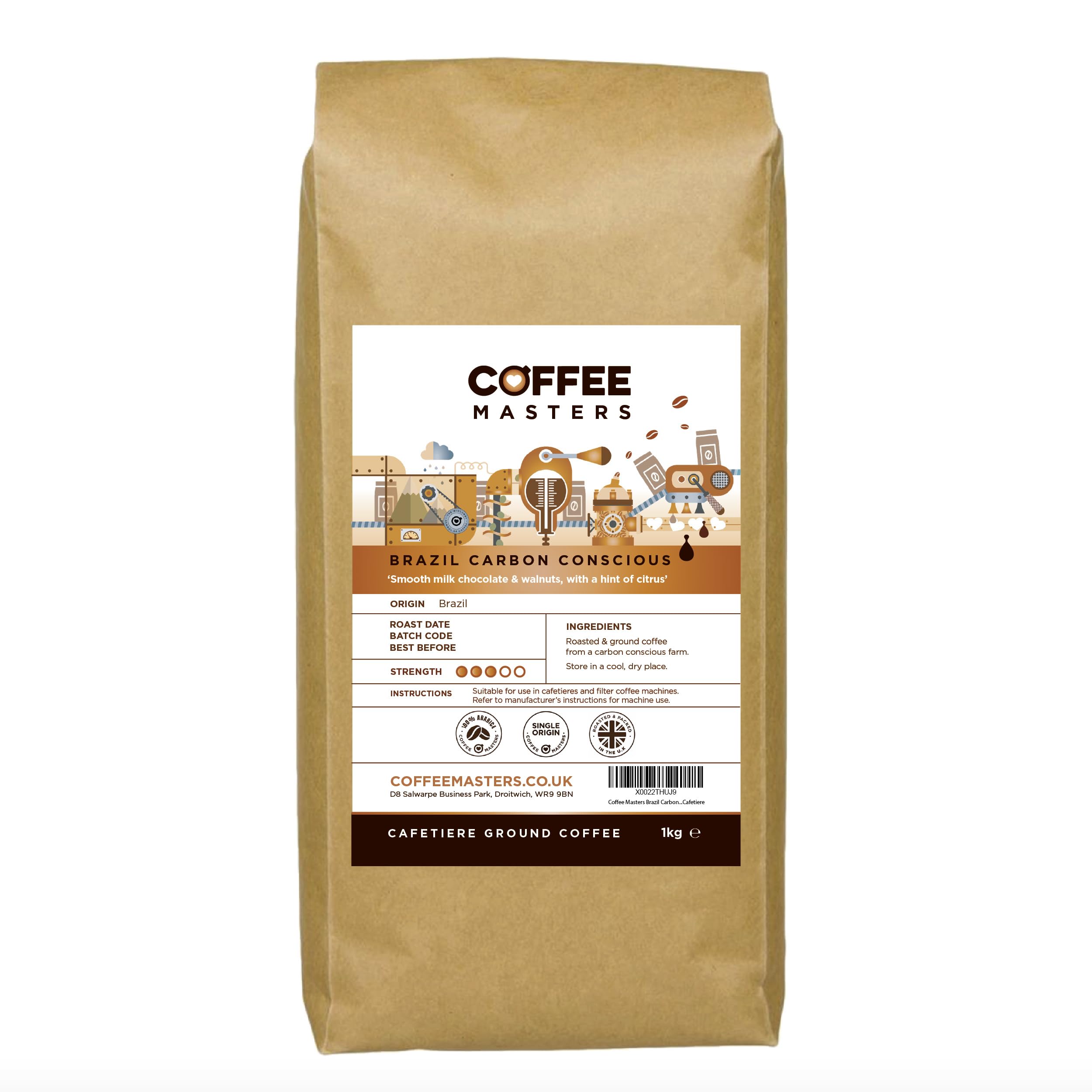 Coffee Masters Brazil Carbon Conscious Cafetiere Ground Coffee 1kg - Single Origin, 100% Arabica Beans - Medium Roasted Brazilian for Cafetiere