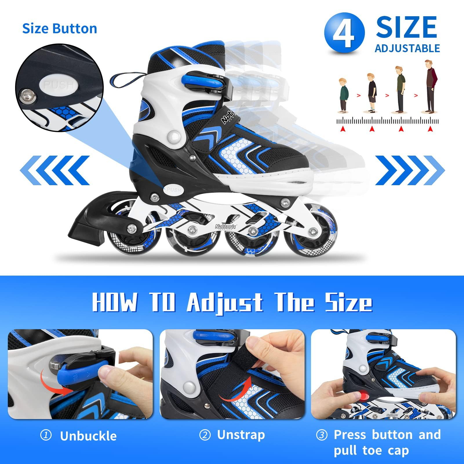Boy Roller Skates with Full Light up Wheels, Adjustable Kids Roller Skates, Beginner Inline Skates for Boys Youth, Blue Ages 6-12