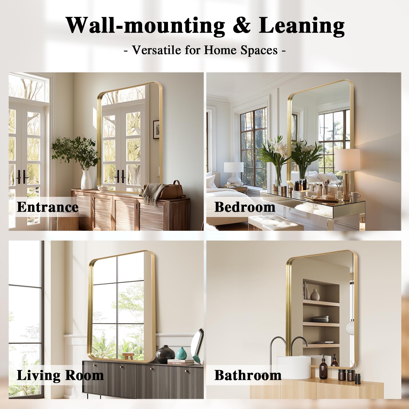 LunaMirror Wall Mirror 60x90 CM Wall-Mounted Bathroom Vanity Mirror Stylish Gold Mirror Wall Decor Rectangle Wall Hanging Mirror with Curved Corners