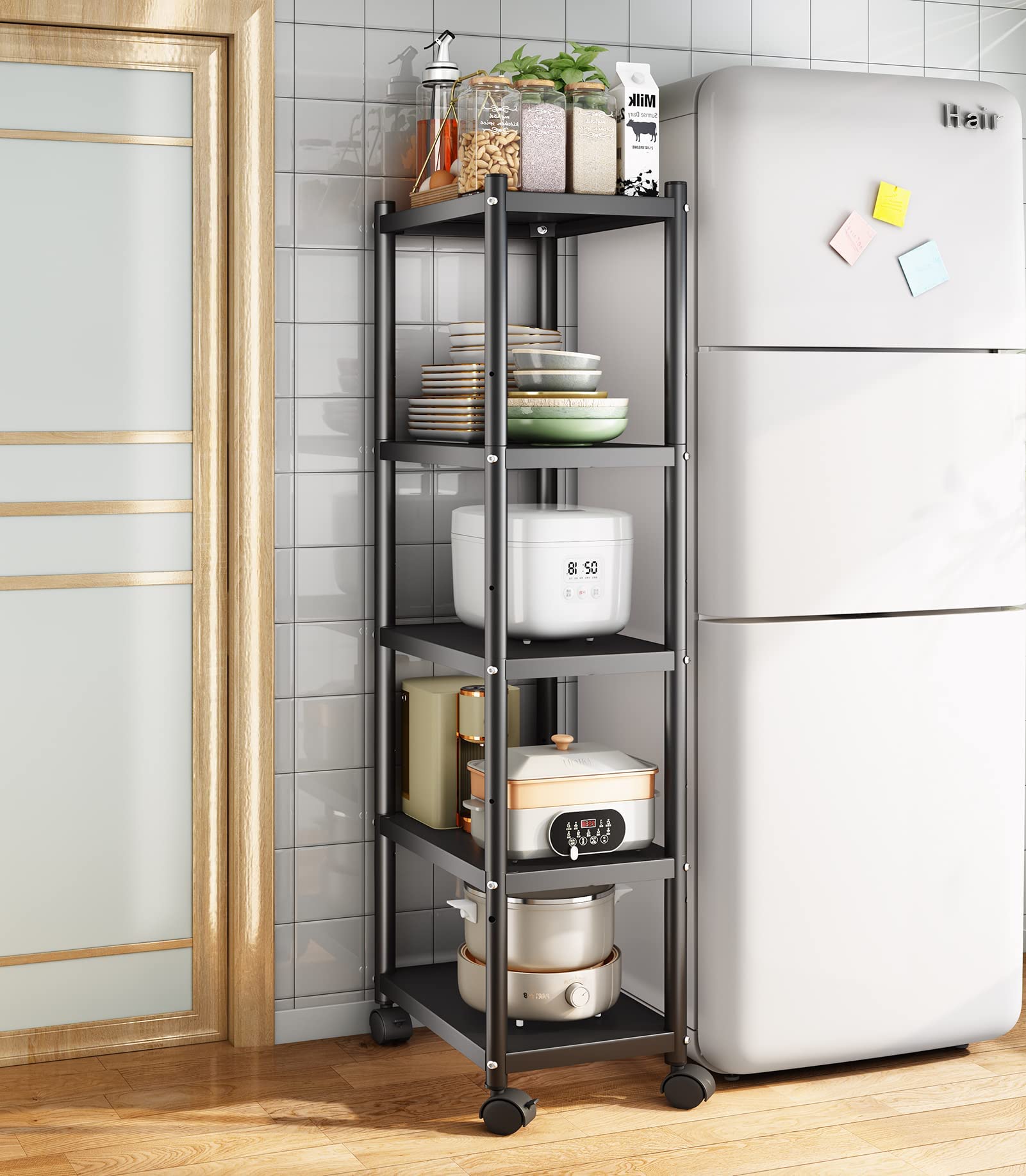 SAYZH Shelving Unit, 5 Tier Standing Heavy Duty Metal Shelving Unit Rack, Multifunctional Narrow Storage Trolley with Wheels and Anti-slip Feet for