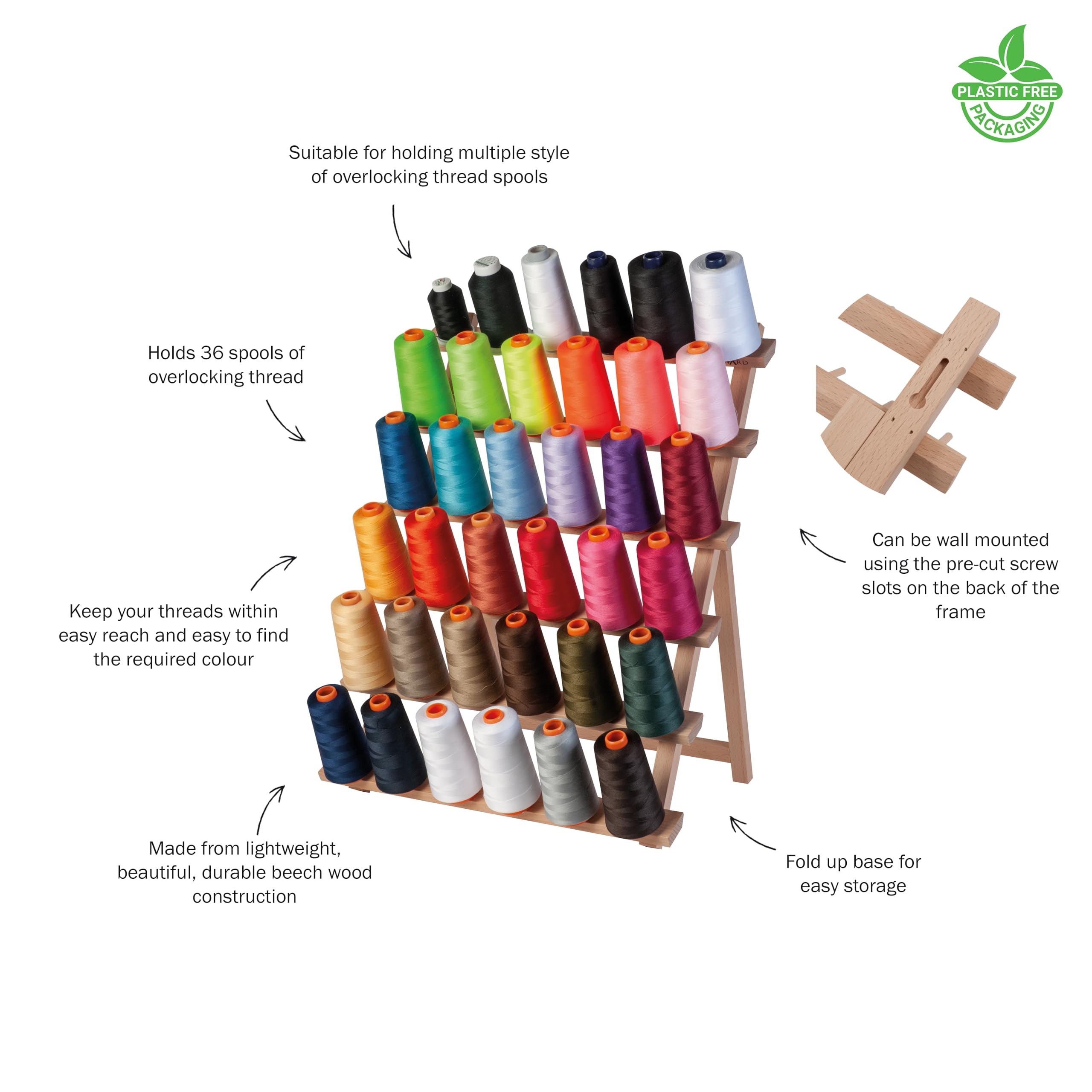 Milward Wooden Overlocker Thread Reel Stand, Freestanding or Wall Mountable Thread Spool Holder, 36 Spools, 57 x 43cm, Beech